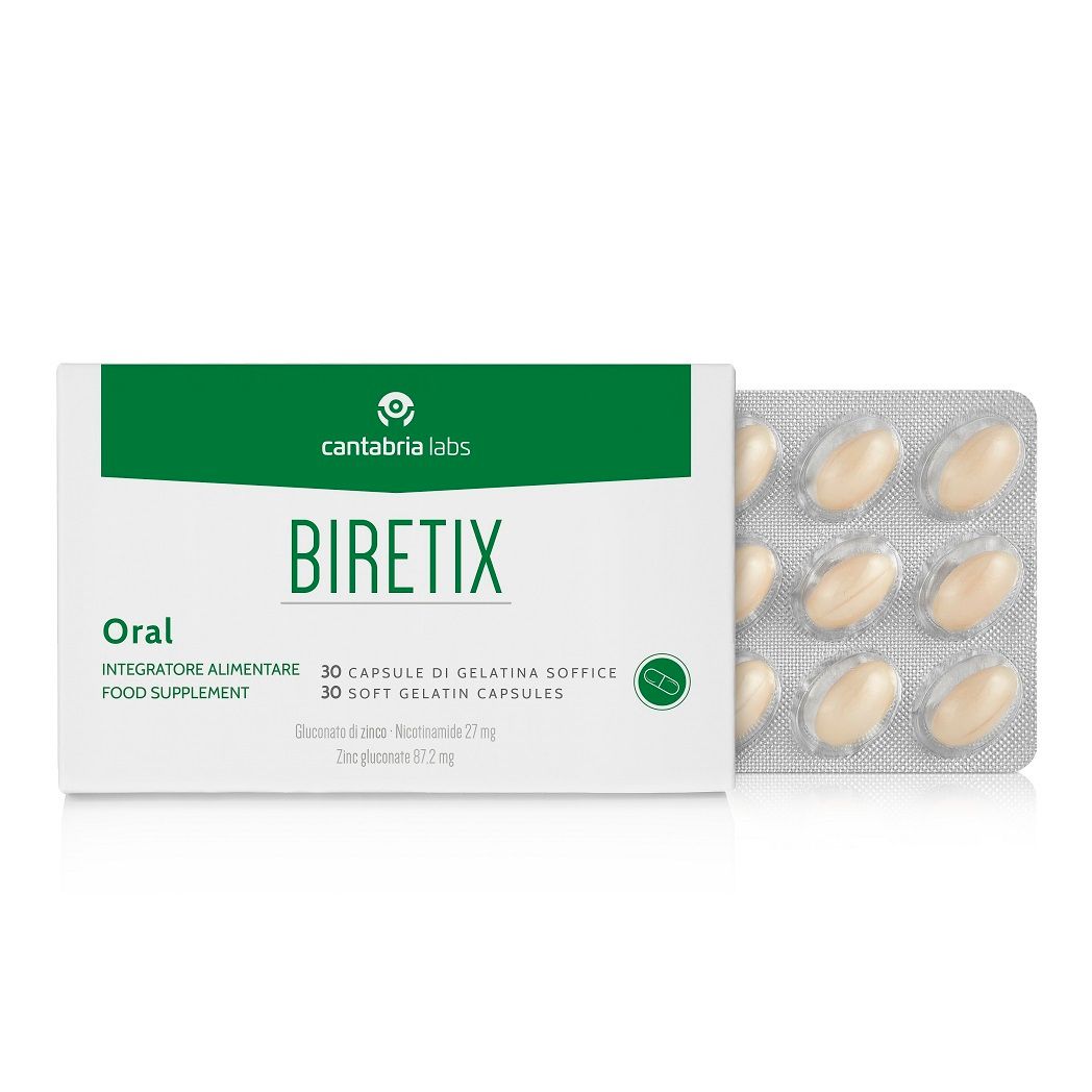 Scatola bianca con dettagli verdi. Contiene blister di capsule. Scritto: Biretix Oral, 30 capsule.