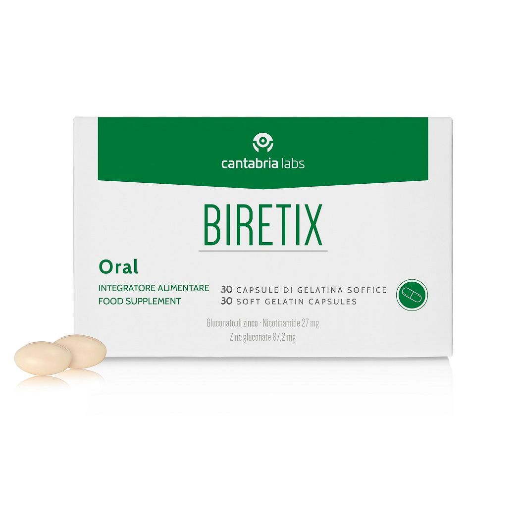 Scatola bianca con dettagli verdi. Due capsule accanto. Scritto: Biretix Oral, 30 capsule.