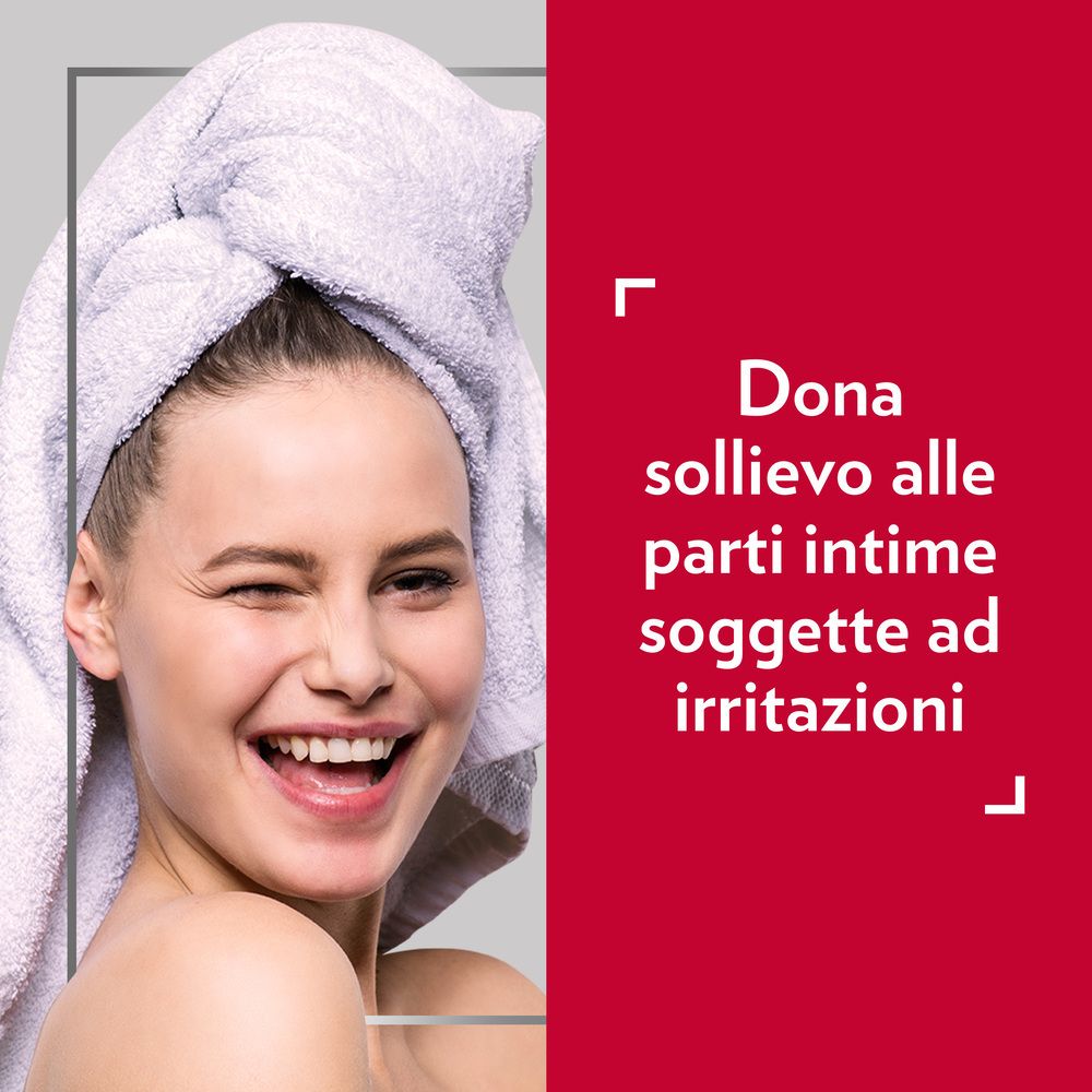 Frau mit Handtuch. Text: Dona sollievo alle parti intime soggette ad irritazioni.