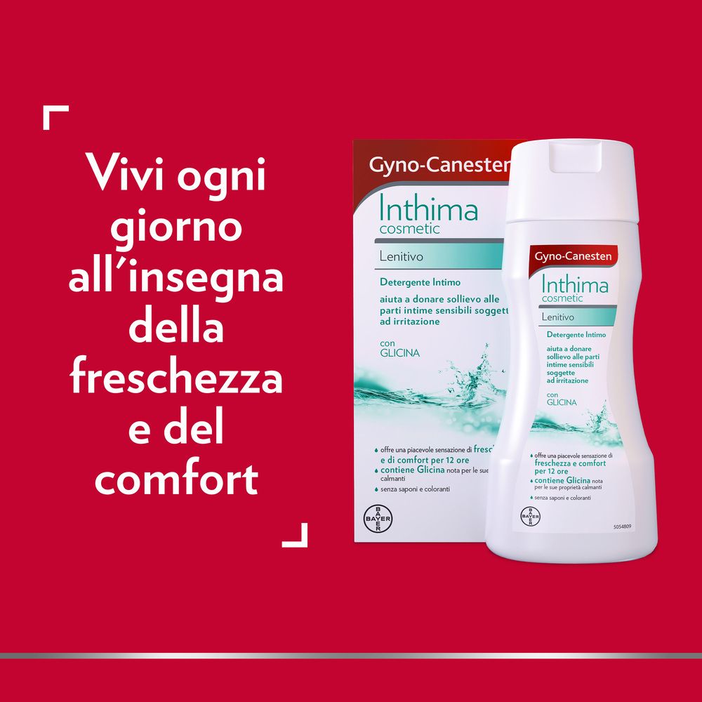 Gyno-Canesten Inthima cosmetic. Flasche und Verpackung. Text: Vivi ogni giorno all'insegna della freschezza e del comfort.