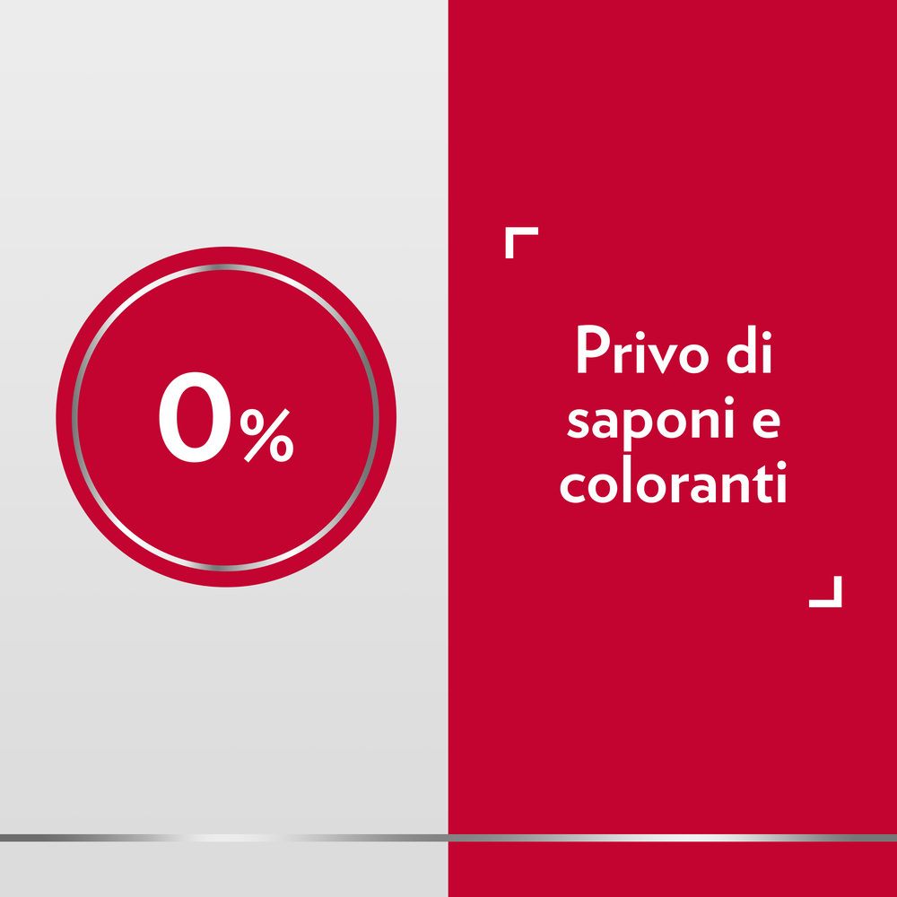 Roter Kreis mit 0%. Text: Privo di coloranti, conservanti e saponi.