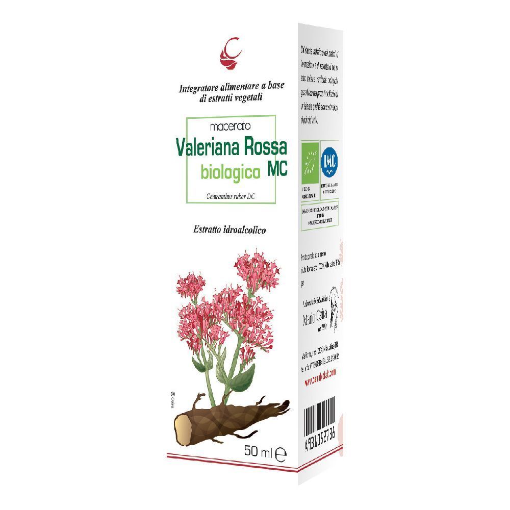 Scatola con immagine del prodotto. Testo: Valeriana Rossa biologica MC, 50 ml. Con marchio biologico.