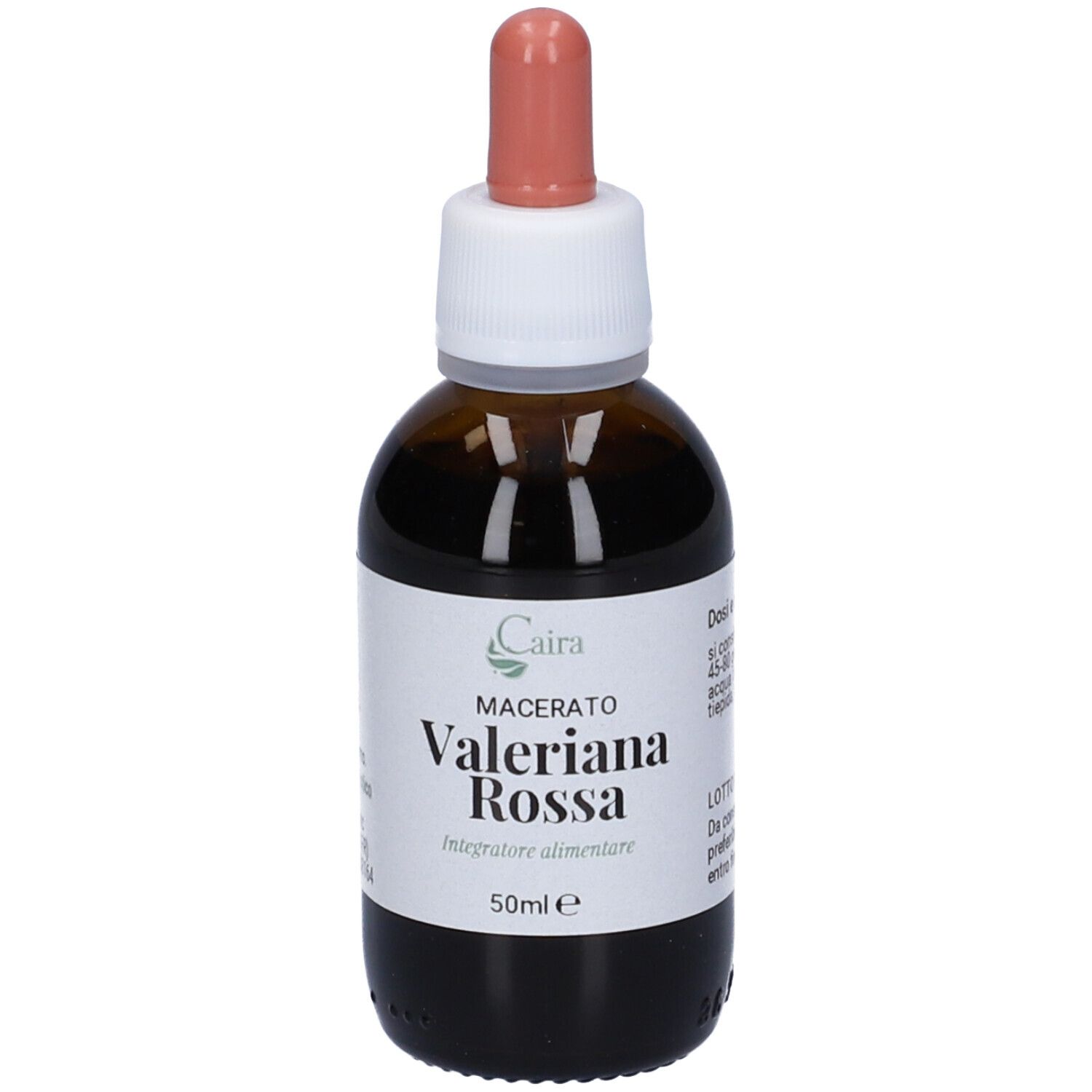 Flacone di vetro marrone con contagocce. Etichetta con testo: Caira, Valeriana Rossa, 50ml. Con contagocce.