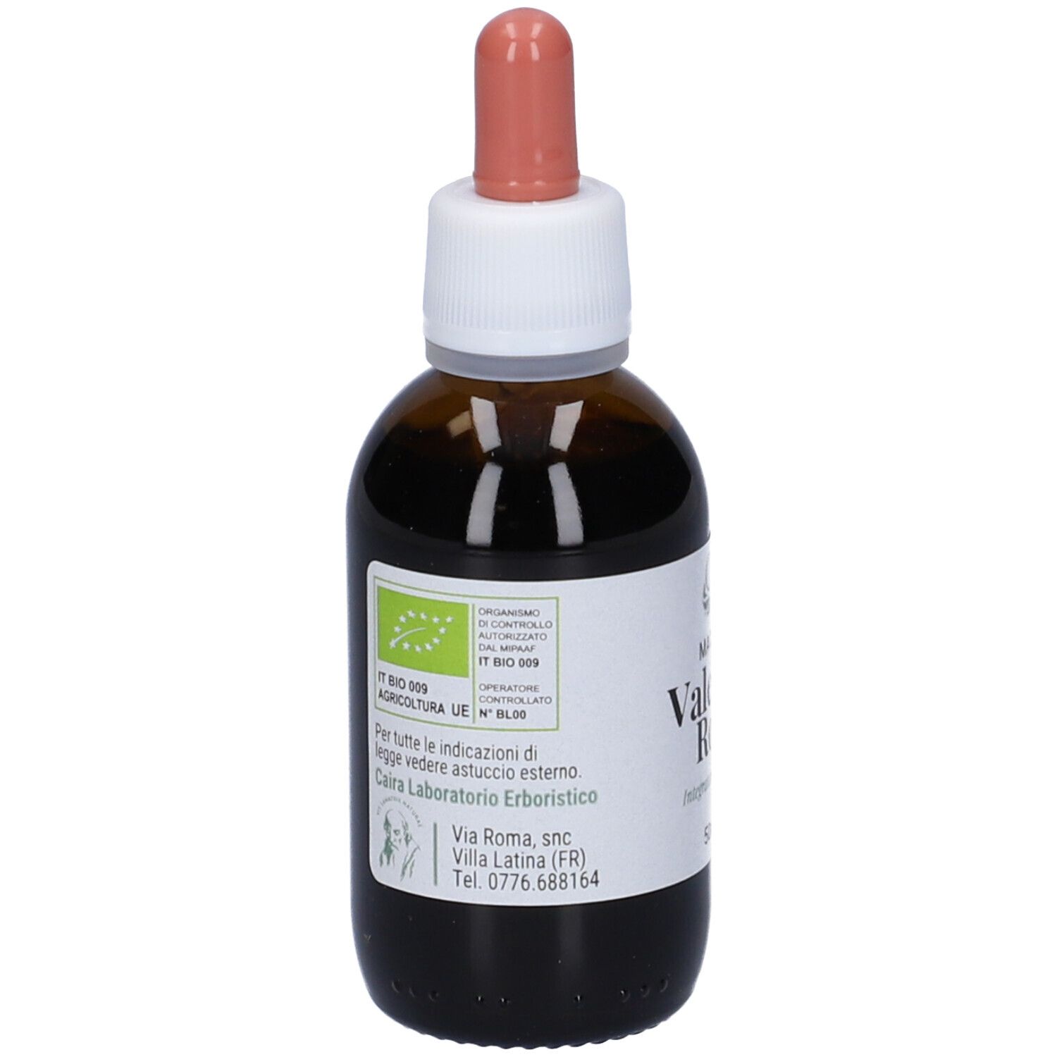 Flacone di vetro marrone con contagocce. Etichetta con testo: Caira, Valeriana Rossa, 50ml. Con marchio biologico.