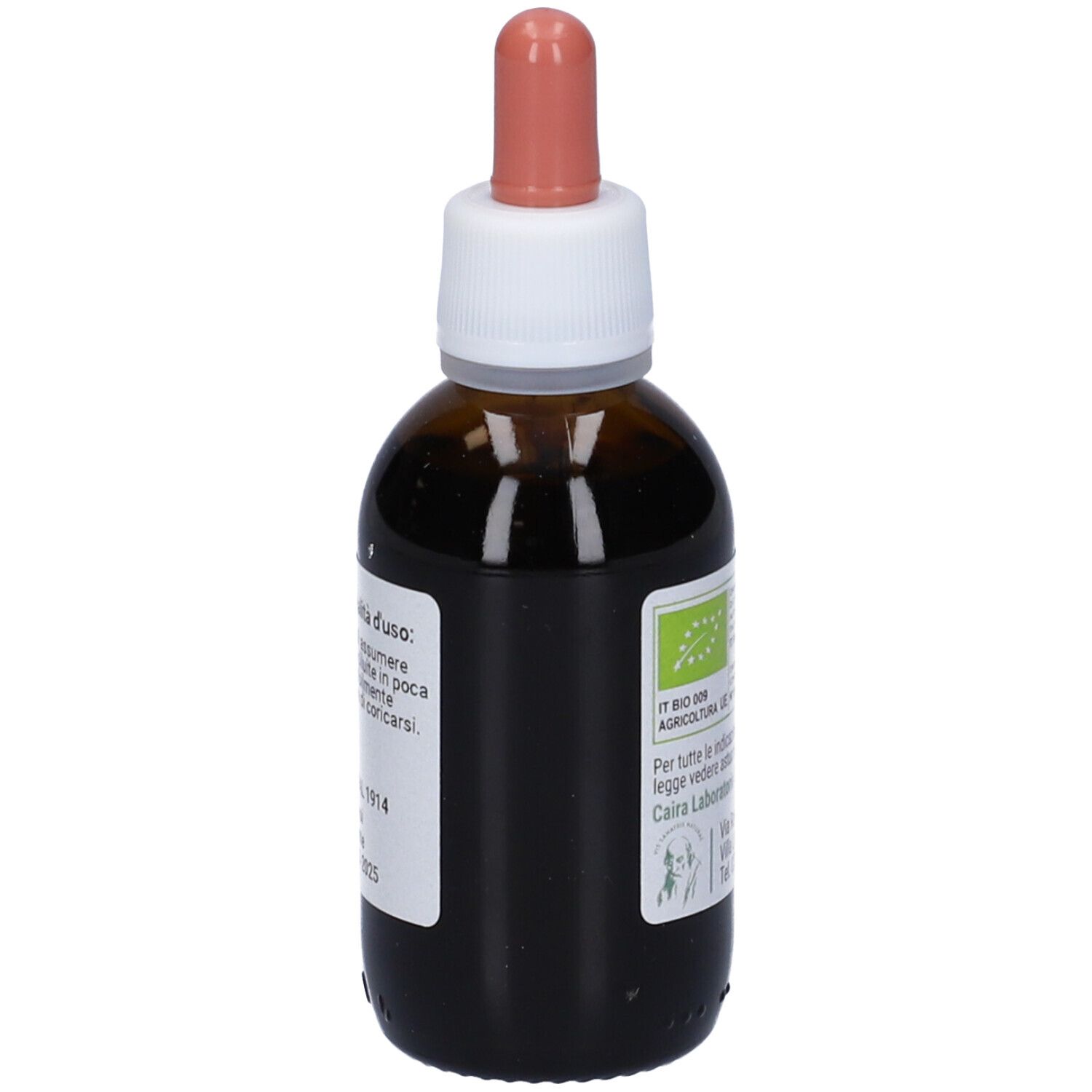 Flacone di vetro marrone con contagocce. Etichetta con testo: Caira, Valeriana Rossa, 50ml. Con istruzioni per il dosaggio.