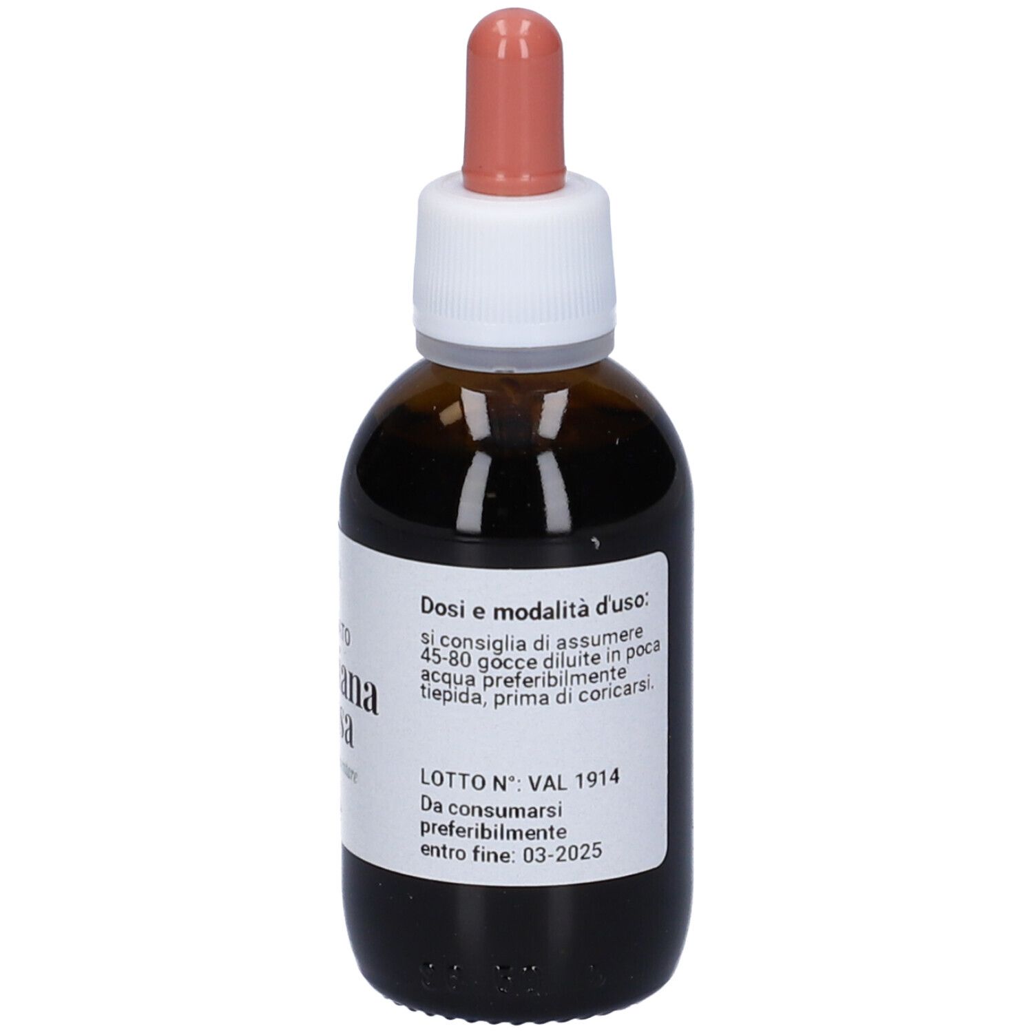 Flacone di vetro marrone con contagocce. Etichetta con testo: Caira, Valeriana Rossa, 50ml. Con data di scadenza.