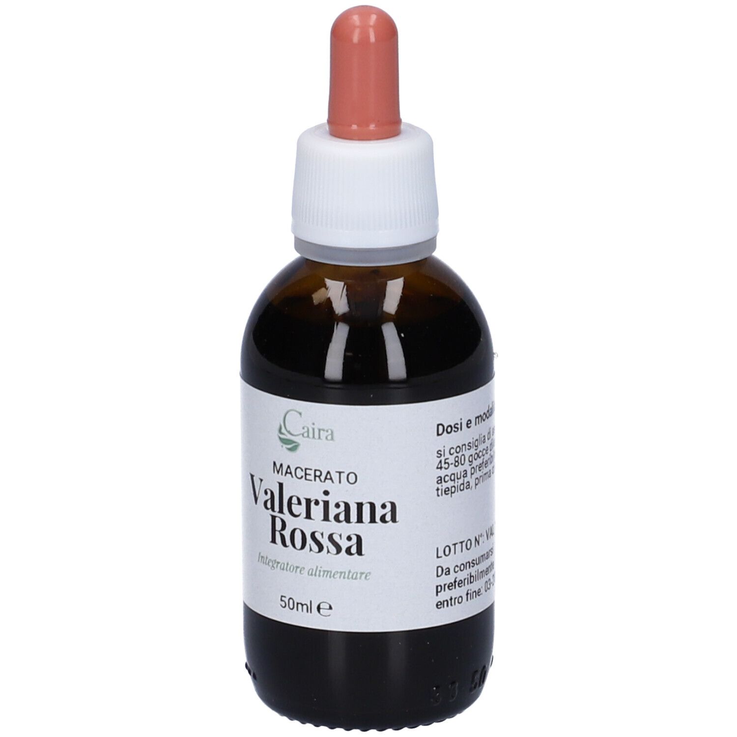 Flacone di vetro marrone con contagocce. Etichetta con testo: Caira, Valeriana Rossa, 50ml. Con informazioni sul prodotto.