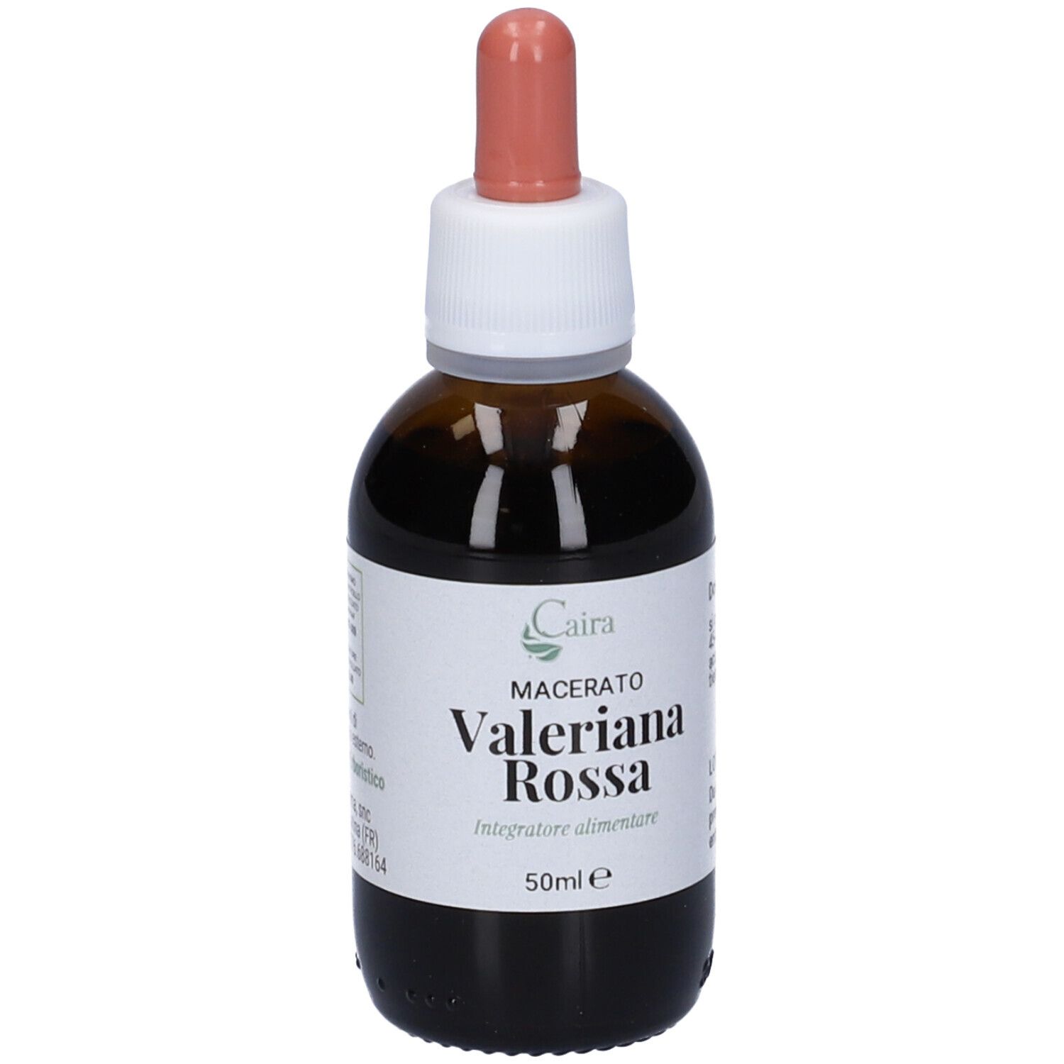 Flacone di vetro marrone con contagocce. Etichetta con testo: Caira, Valeriana Rossa, 50ml. Con informazioni sul prodotto.