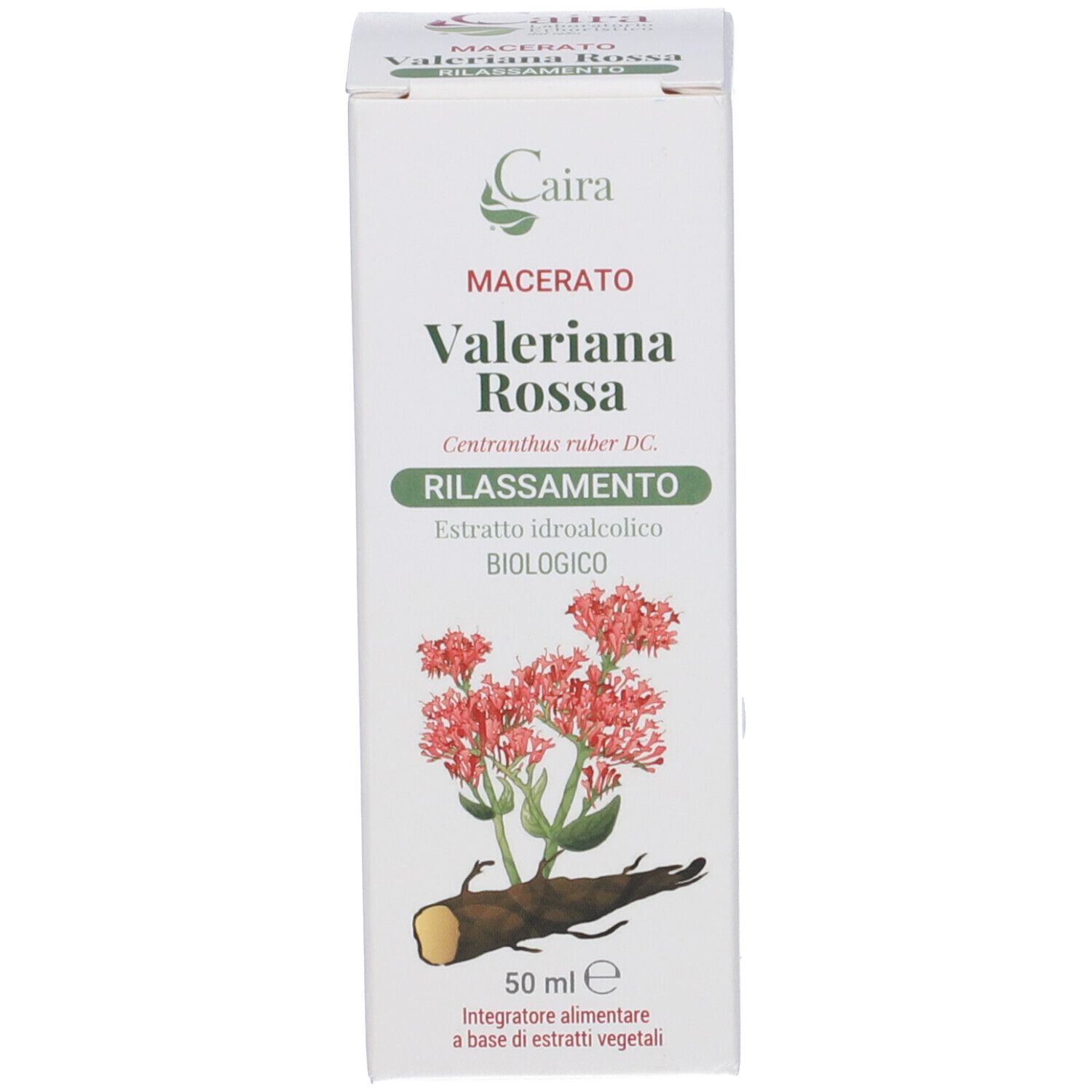Confezione del prodotto. Testo: Caira, Valeriana Rossa, 50 ml. Con immagine e marchio biologico.