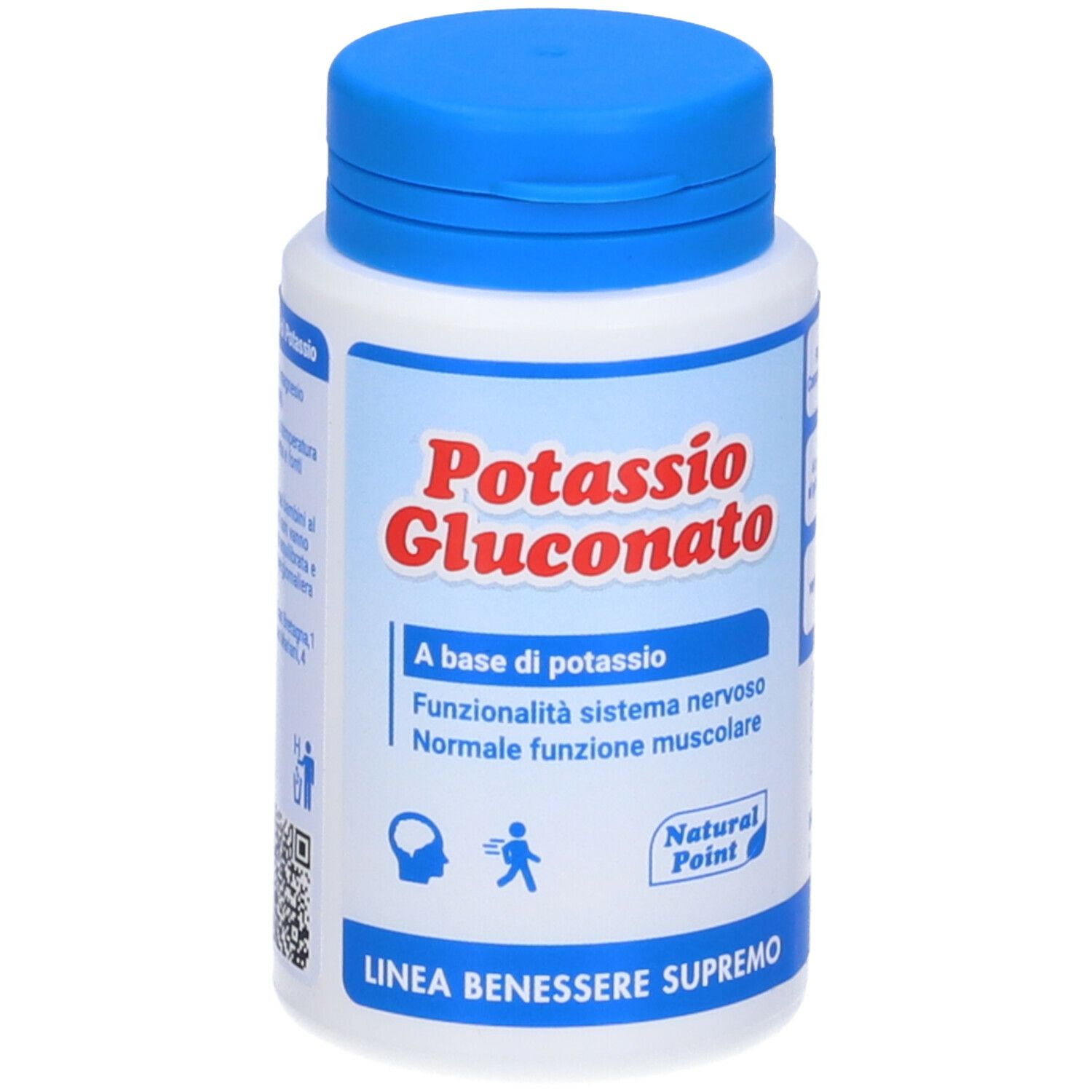 Flacone bianco con tappo blu. Scritta: Potassio Gluconato. Testo: A base di potassio, Funzionalità sistema nervoso.