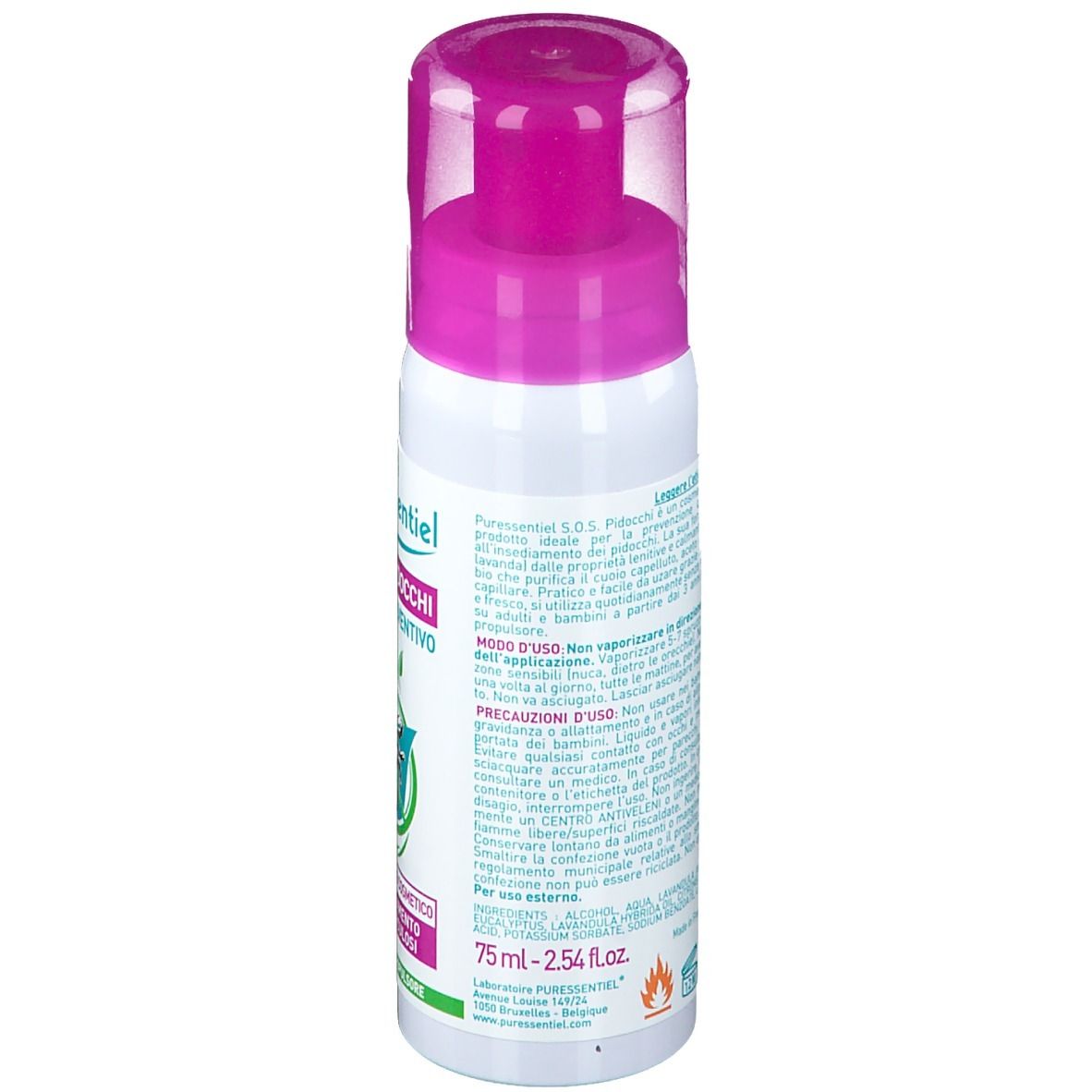 Retro dello spray bianco con tappo viola. Testo e loghi su sfondo bianco.
