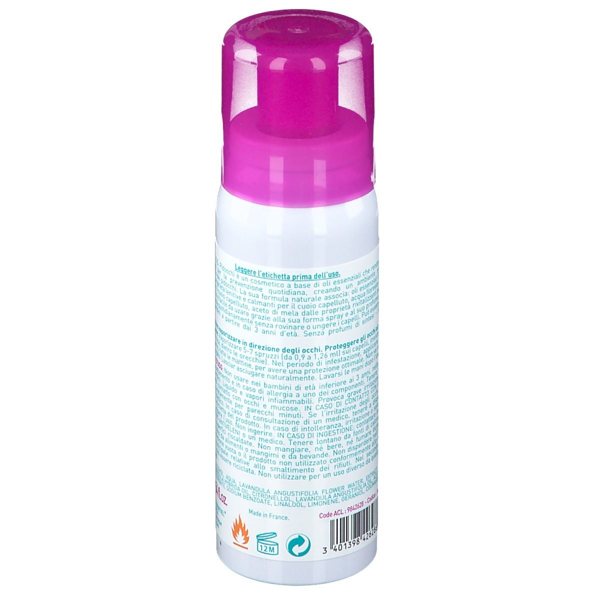Retro dello spray bianco con tappo viola. Testo e loghi su sfondo bianco.