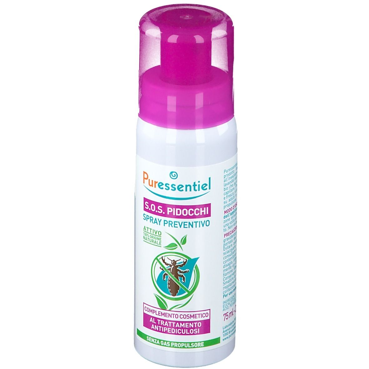 Spray bianco con tappo viola. Scritta: S.O.S. Pidocchi Spray Preventivo. Logo con foglia e insetto.
