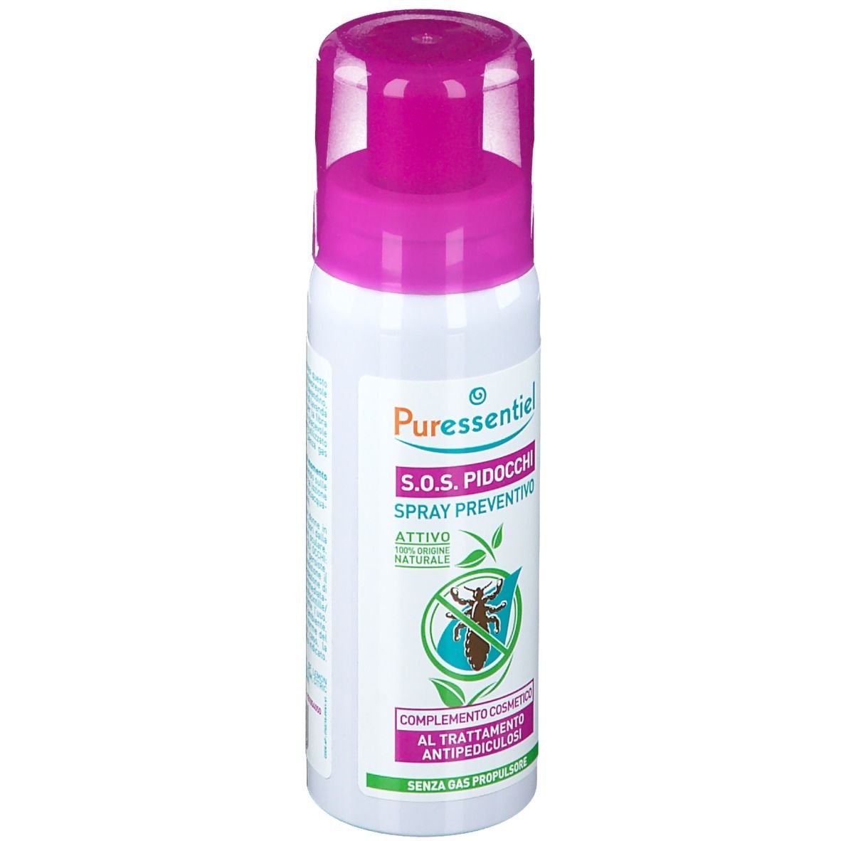 Spray bianco con tappo viola. Scritta: S.O.S. Pidocchi Spray Preventivo. Logo con foglia e insetto.