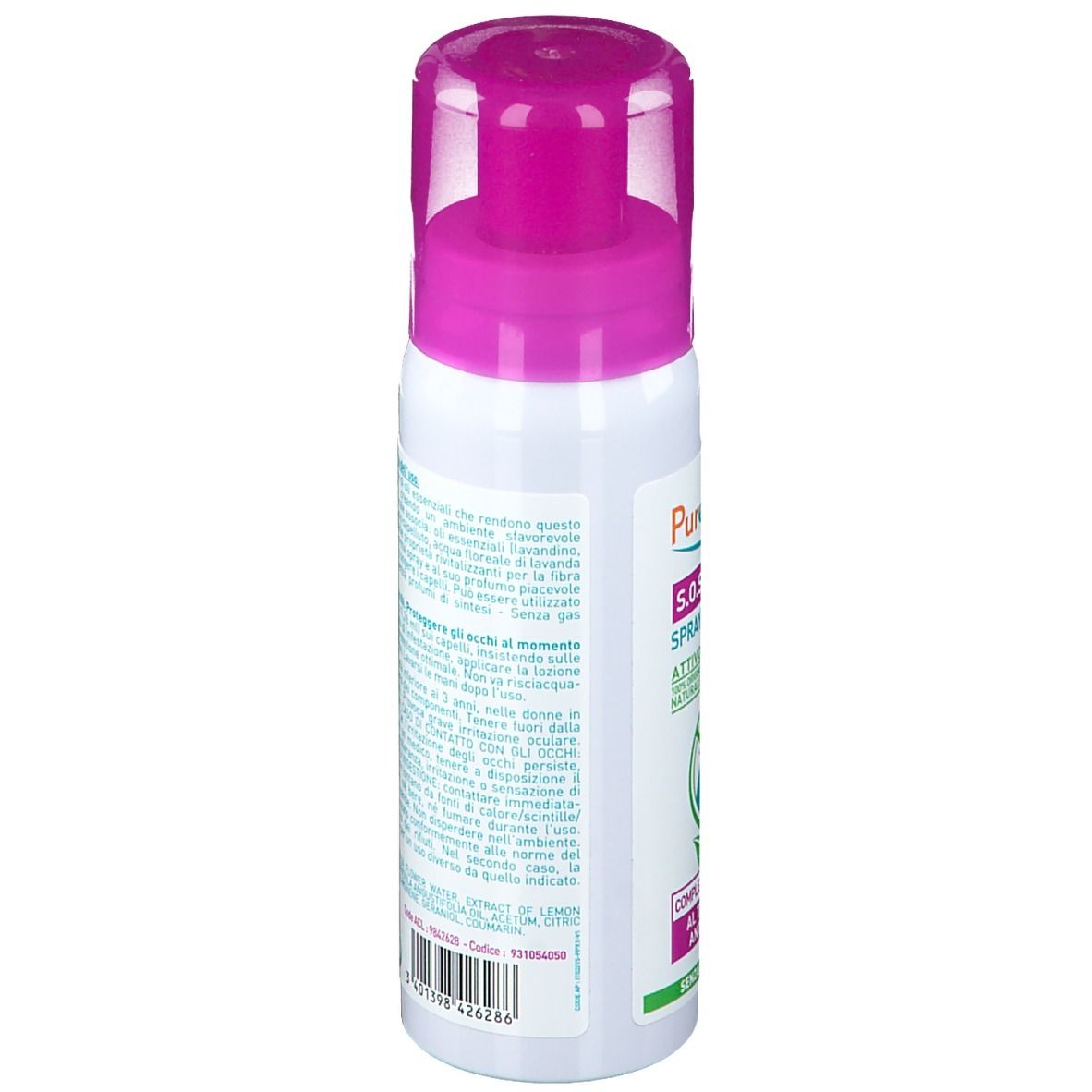 Retro dello spray bianco con tappo viola. Testo e loghi su sfondo bianco.