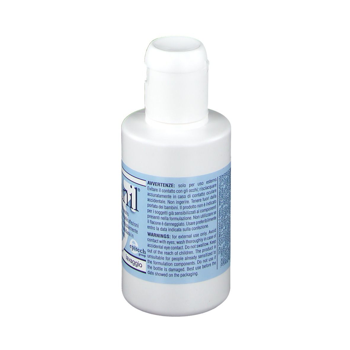 Weiße Flasche mit Klappverschluss. Produktname und Text in italienischer Sprache. Blaues Etikett.