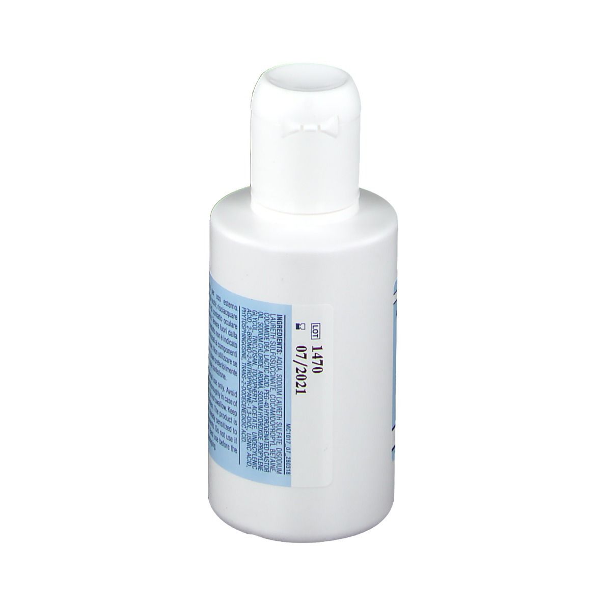 Weiße Flasche mit Klappverschluss. Produktname und Text in italienischer Sprache. Blaues Etikett.