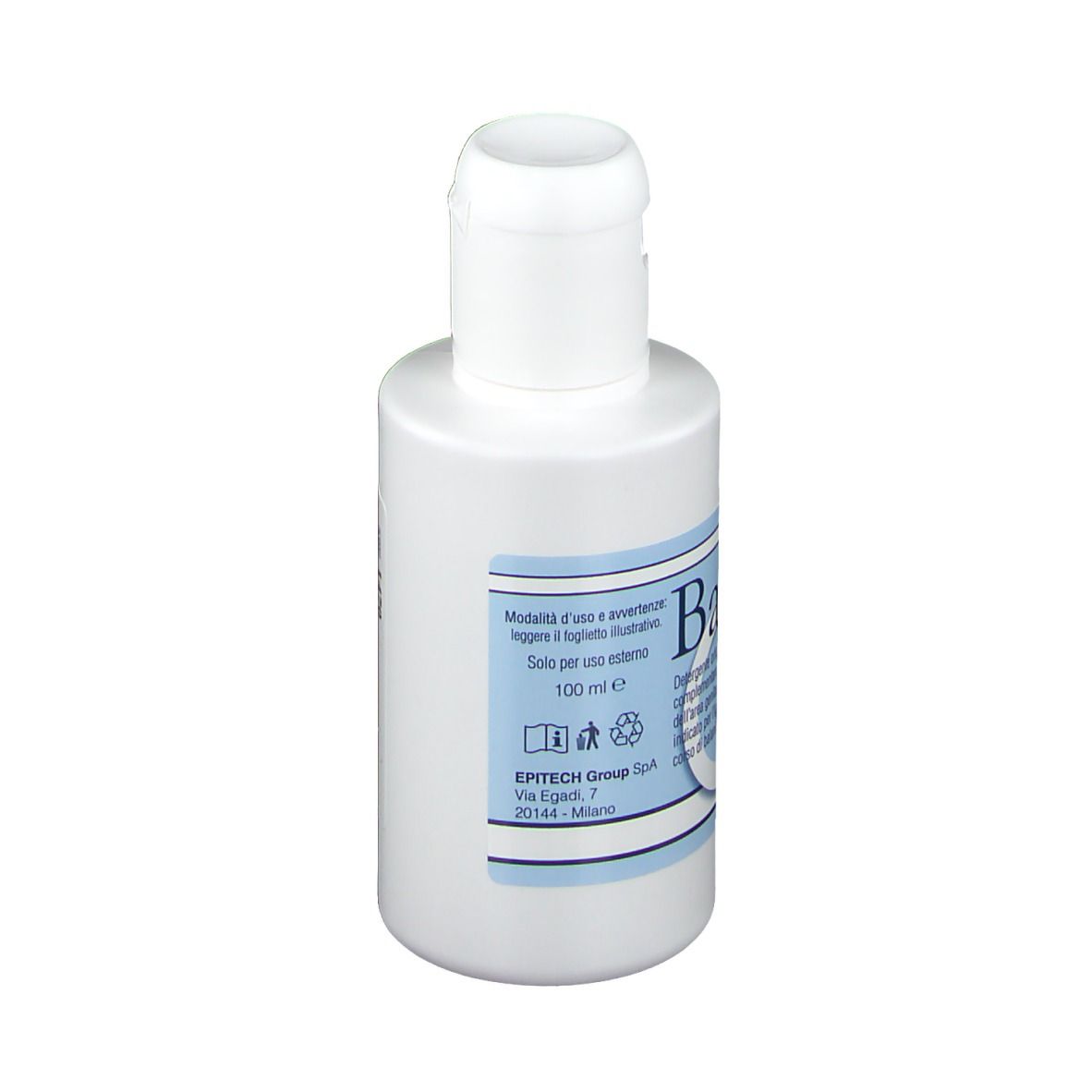 Weiße Flasche mit Klappverschluss. Produktname und Text in italienischer Sprache. Blaues Etikett.