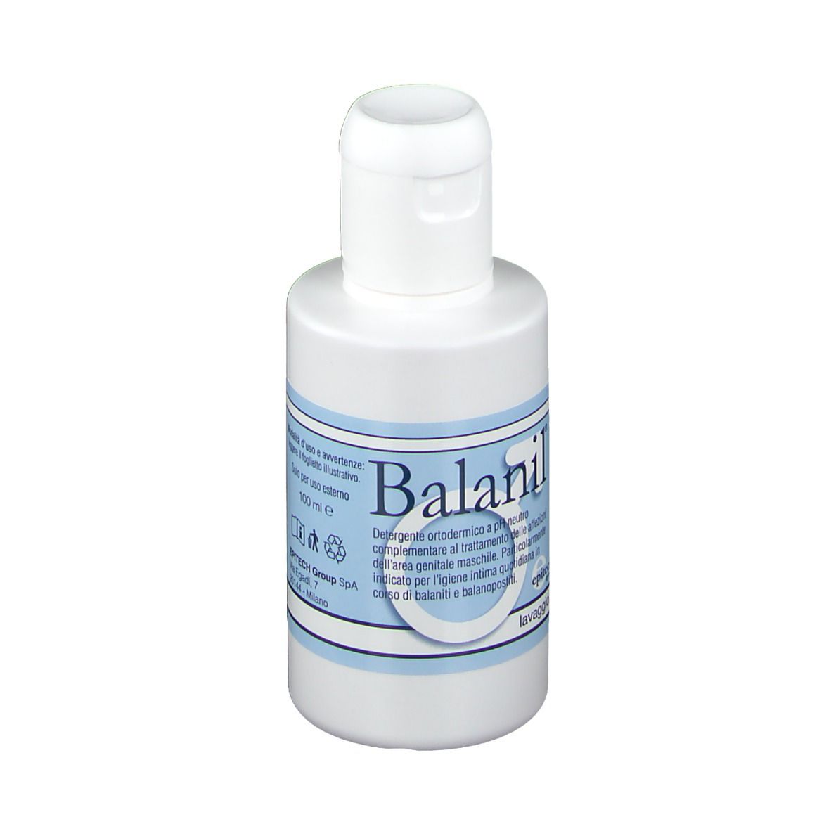 Weiße Flasche mit Klappverschluss. Produktname und Text in italienischer Sprache. Blaues Etikett.