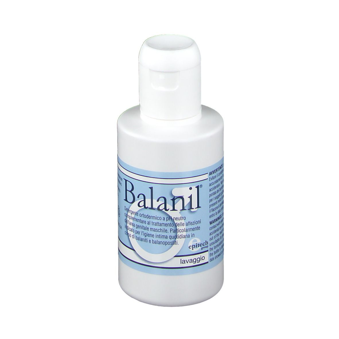 Weiße Flasche mit Klappverschluss. Produktname und Text in italienischer Sprache. Blaues Etikett.