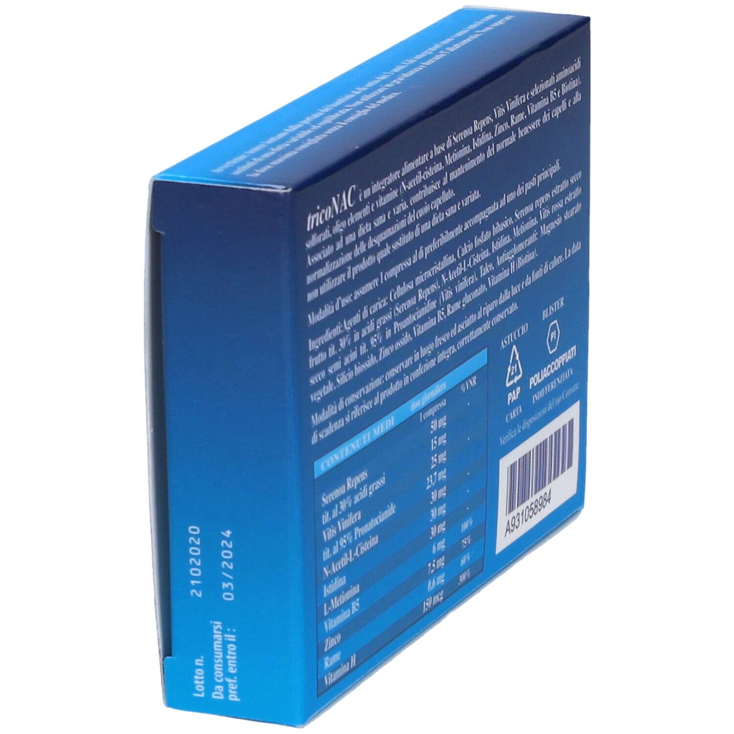 Scatola blu e bianca con testo. Elenco ingredienti e data di scadenza. Testo: tricoNAC, Integratore.