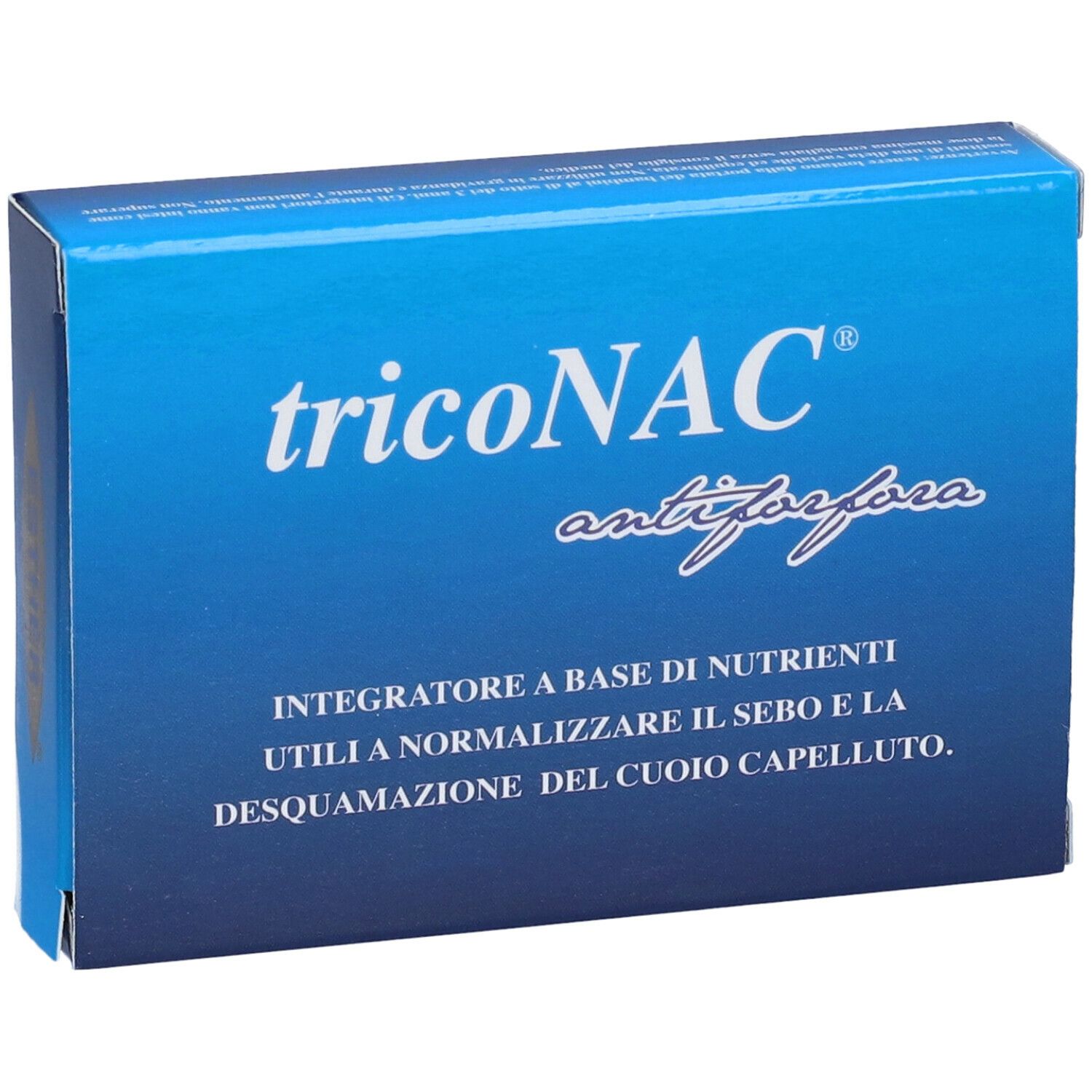 Scatola blu con testo bianco. Testo: tricoNAC, antiforfora, Integratore a base di nutrienti.
