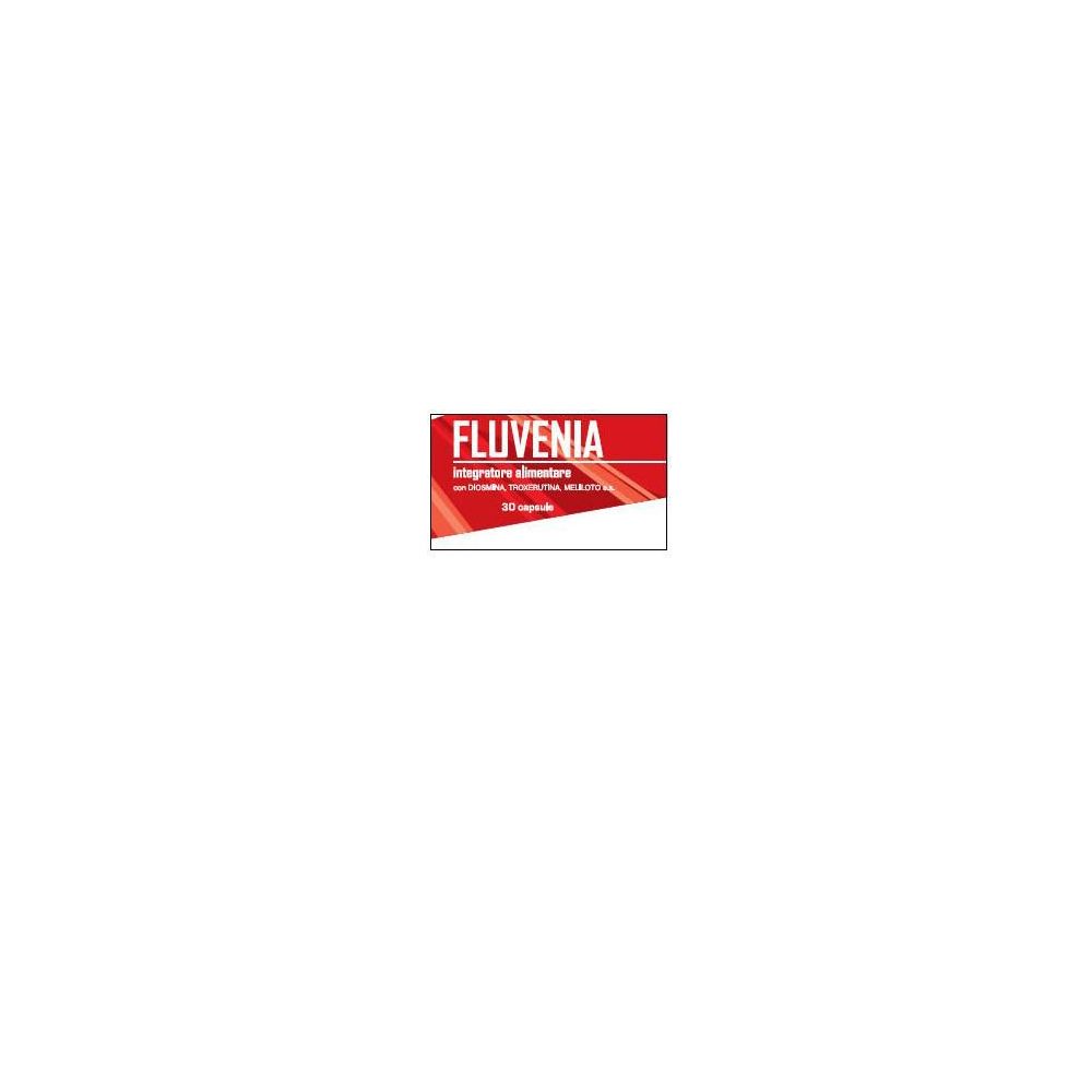Confezione di capsule rossa e bianca. Il nome "Fluvenia" è visibile. Contiene 30 capsule.