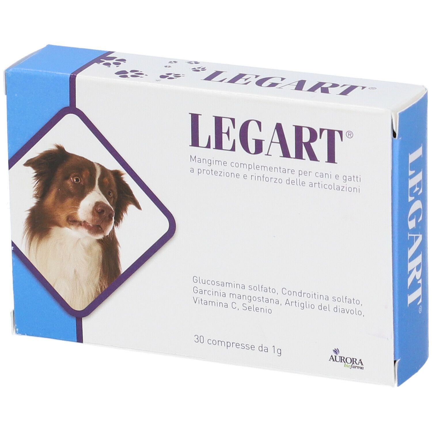 Scatola di compresse Legart per cani e gatti. Contiene 30 compresse. Marchio: Aurora.