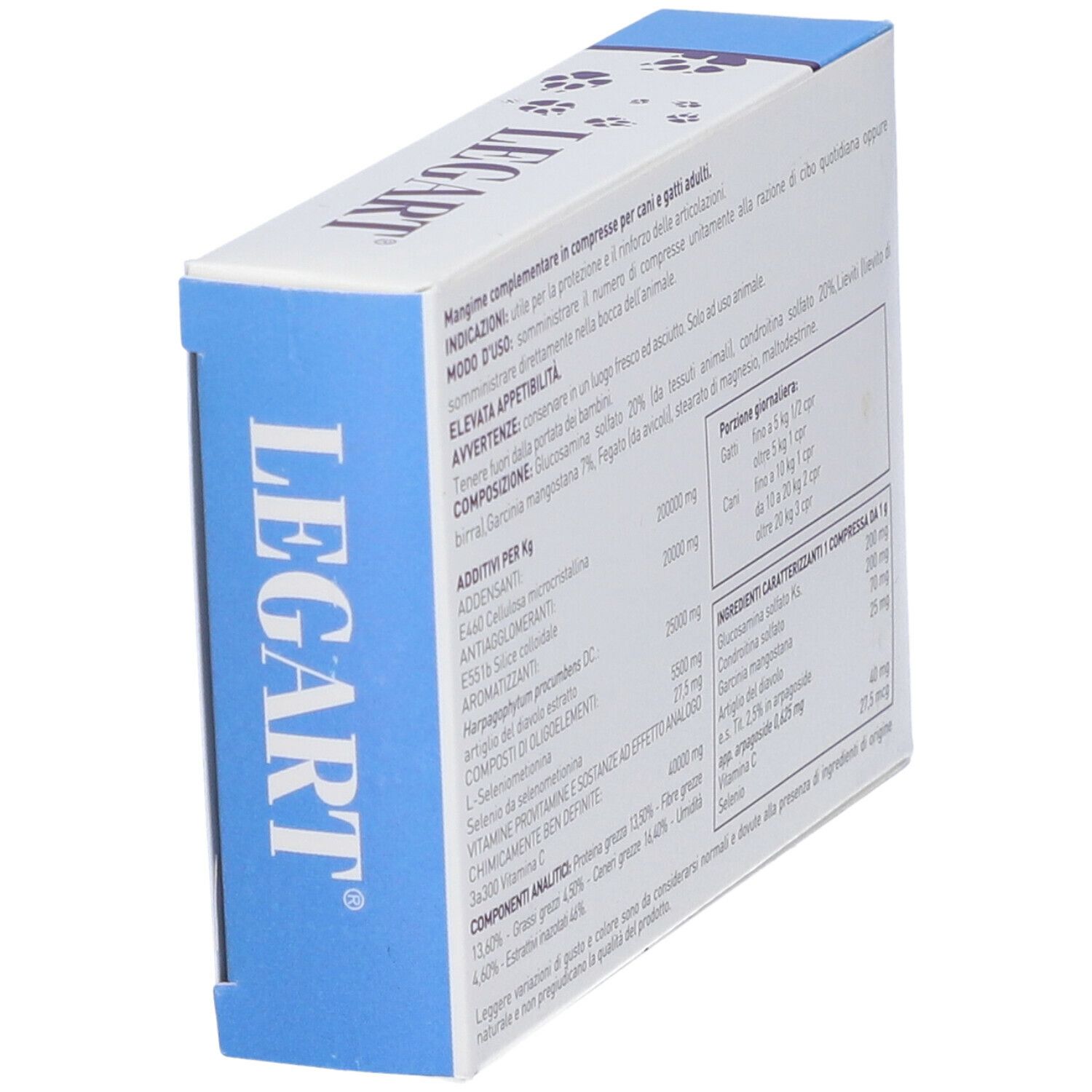 Scatola Legart per cani e gatti. Vista laterale con testo. Contiene informazioni sugli ingredienti.