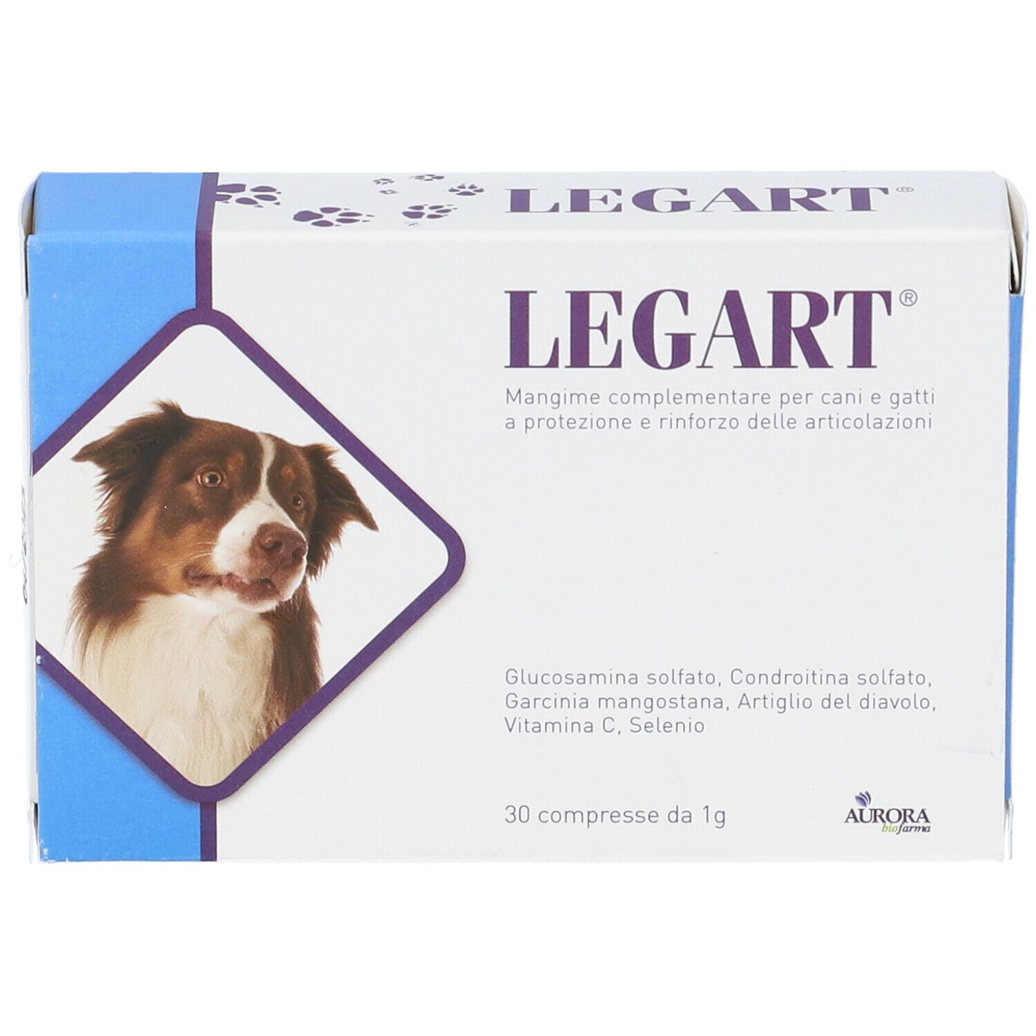 Scatola di compresse Legart per cani e gatti. Contiene 30 compresse. Marchio: Aurora.