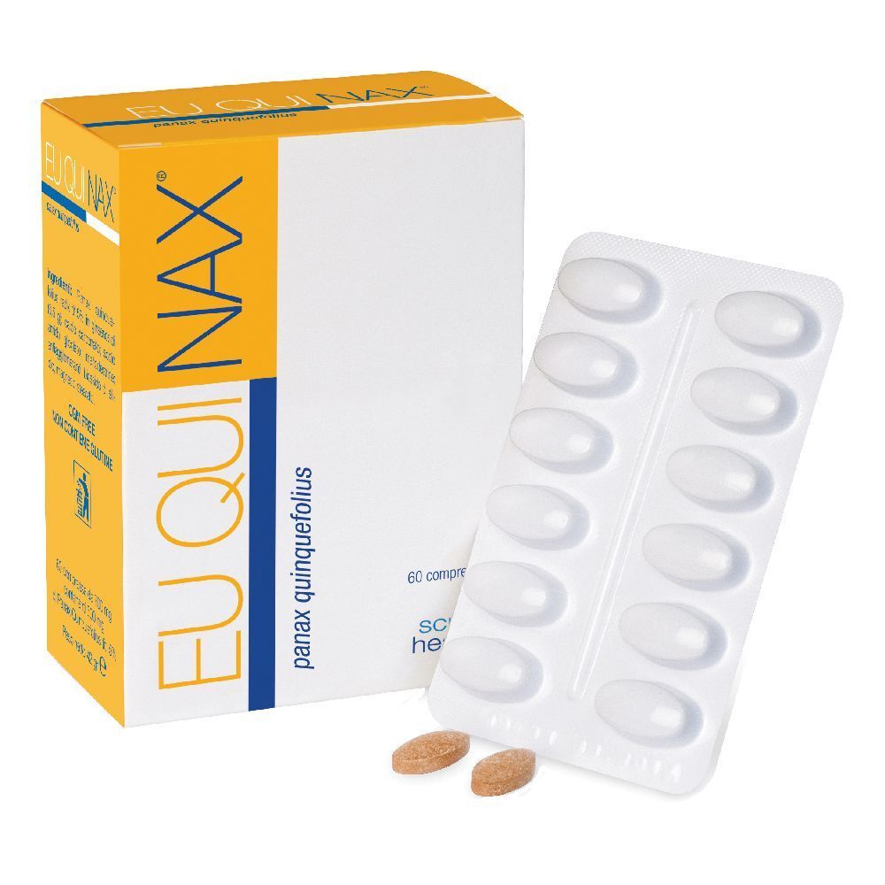 Confezione di EUQUINAX, 60 compresse. Blister e compresse marroni visibili. Scatola gialla e bianca.