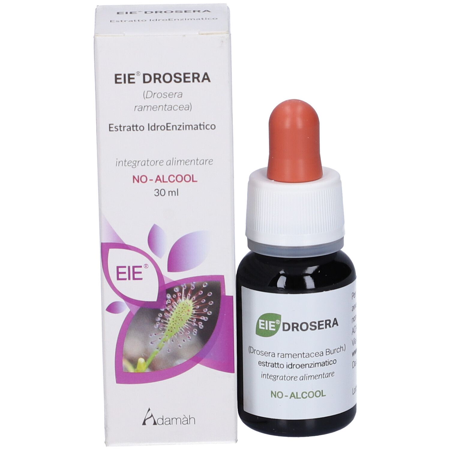 Flacone contagocce e scatola. Scritta: EIE Drosera, 30 ml, NO-ALCOOL. Logo Adamàh.