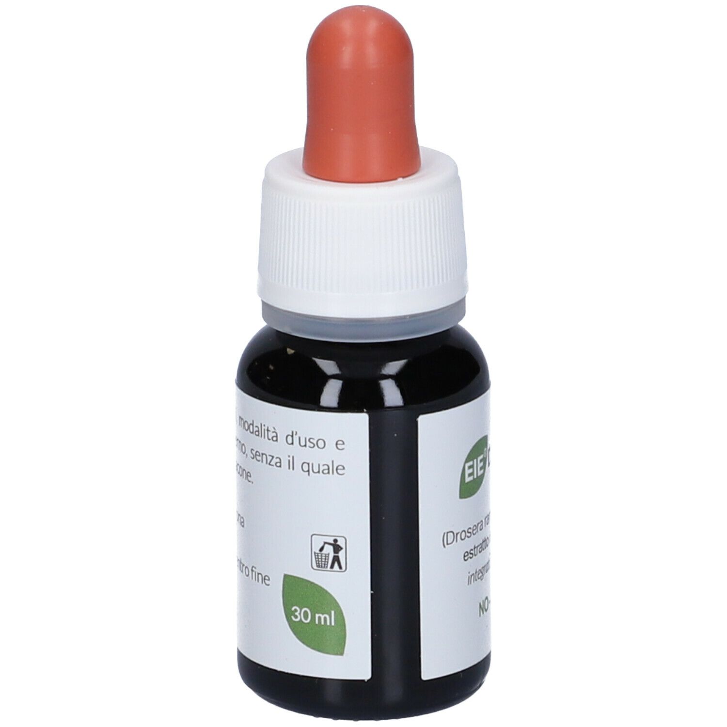 Flacone contagocce marrone, tappo bianco e pipetta rossa. Scritta: EIE Drosera, 30 ml.