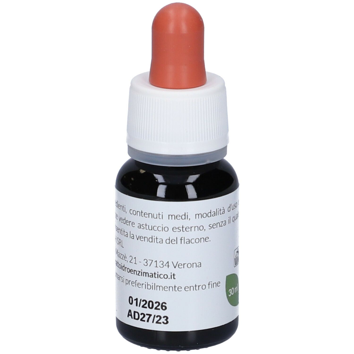 Flacone contagocce marrone, tappo bianco e pipetta rossa. Scritta: EIE Drosera, 30 ml.