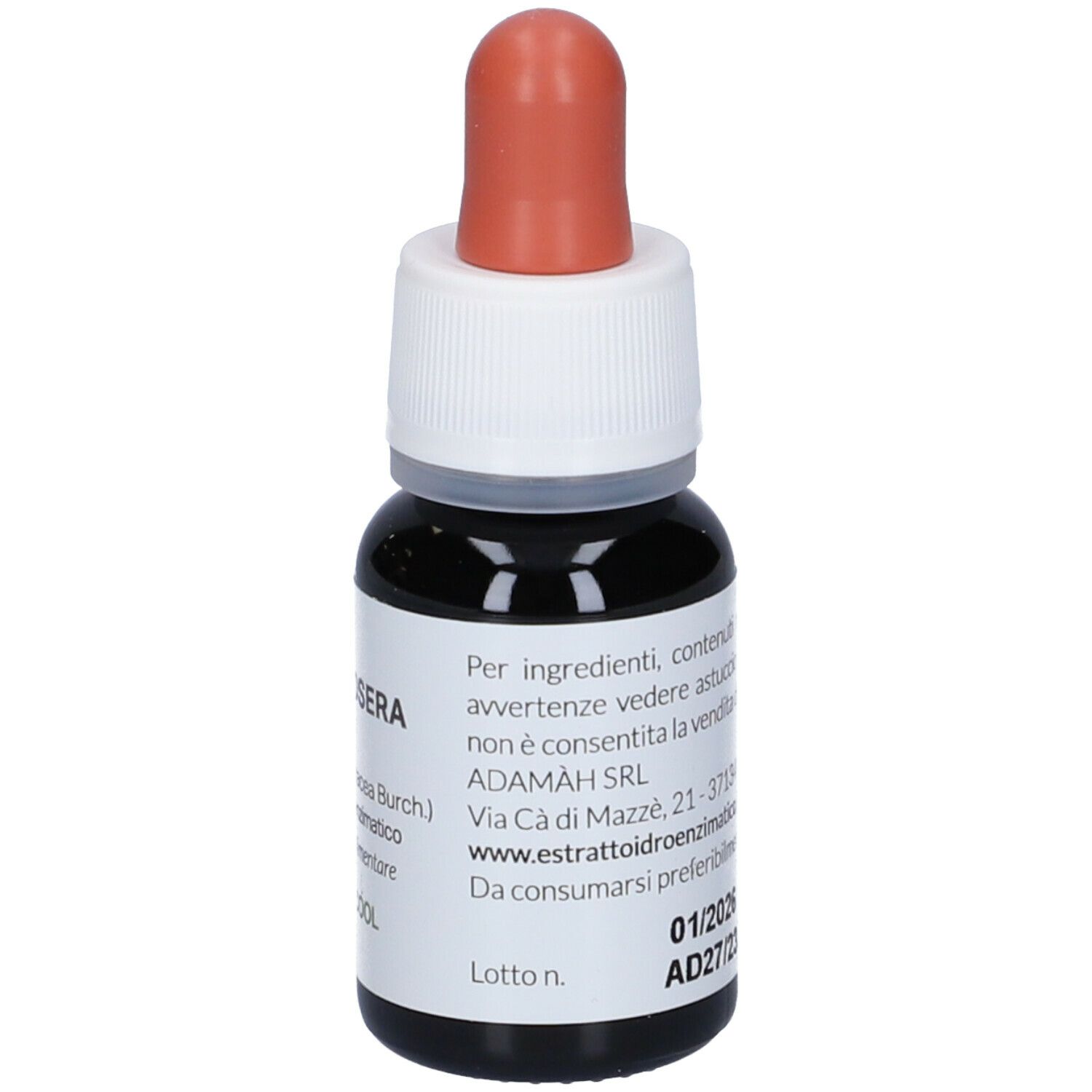Flacone contagocce marrone, tappo bianco e pipetta rossa. Scritta: EIE Drosera, 30 ml.