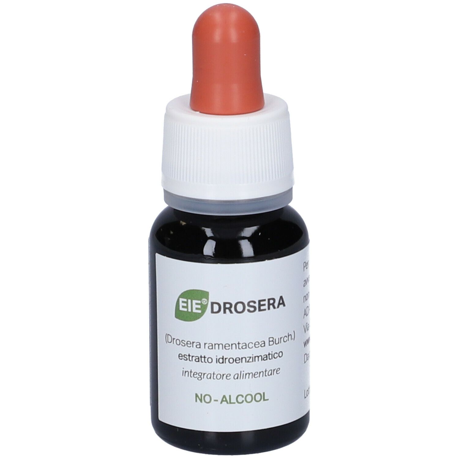Flacone contagocce marrone, tappo bianco e pipetta rossa. Scritta: EIE Drosera, 30 ml.