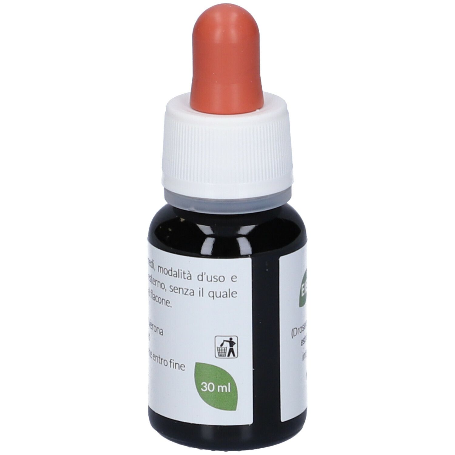 Flacone contagocce marrone, tappo bianco e pipetta rossa. Scritta: EIE Drosera, 30 ml.