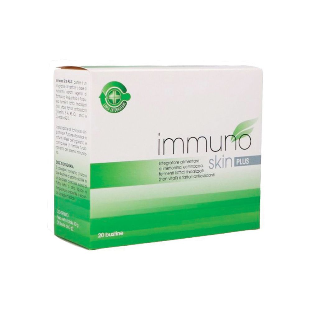 Scatola bianca e verde. Scritto: Immuno Skin Plus. 20 Bustine. Logo croce verde.