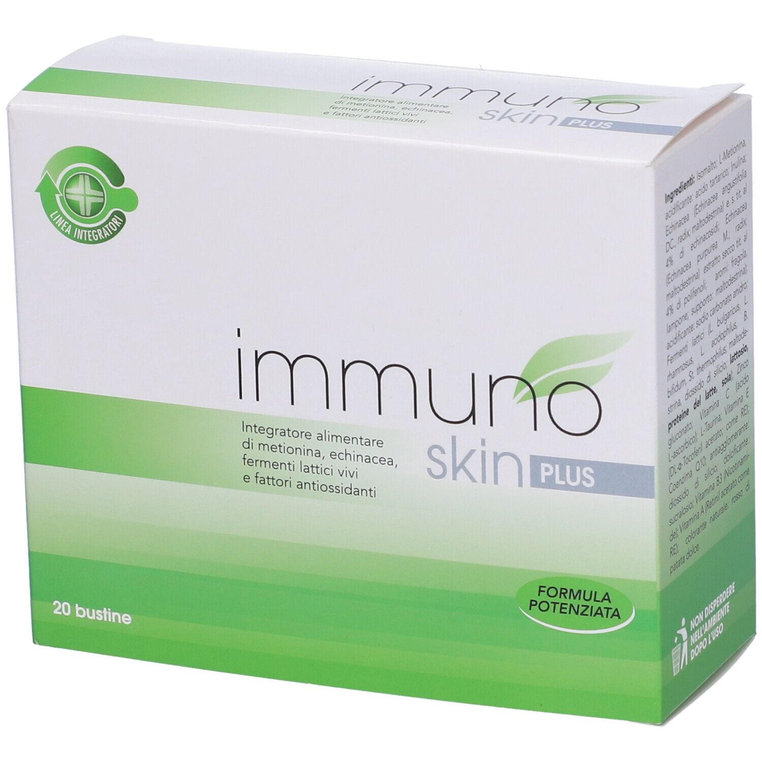 Scatola bianca e verde. Scritto: Immuno Skin Plus. 20 Bustine. Logo croce verde.