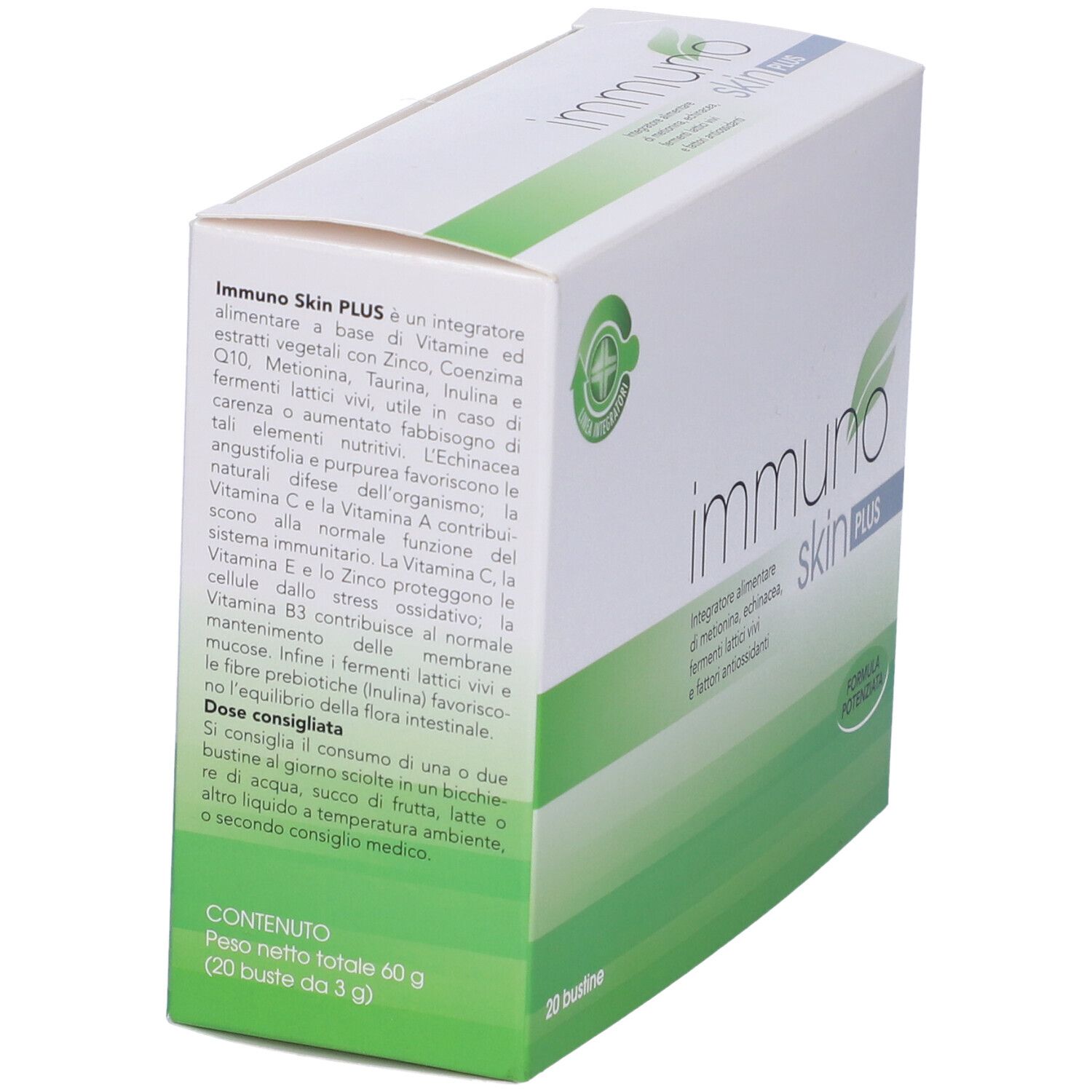 Scatola bianca e verde. Scritto: Immuno Skin Plus. 20 Bustine. Logo croce verde.