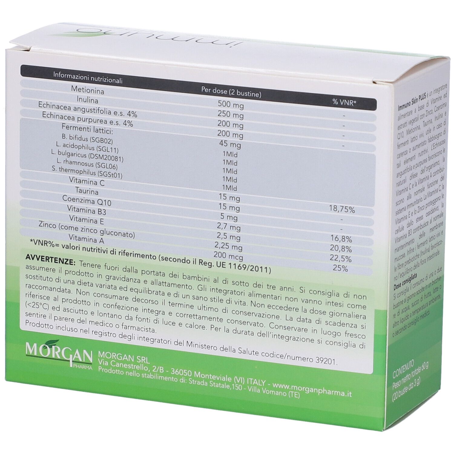 Retro della scatola bianca. Scritto: Immuno Skin Plus. Ingredienti e informazioni nutrizionali.