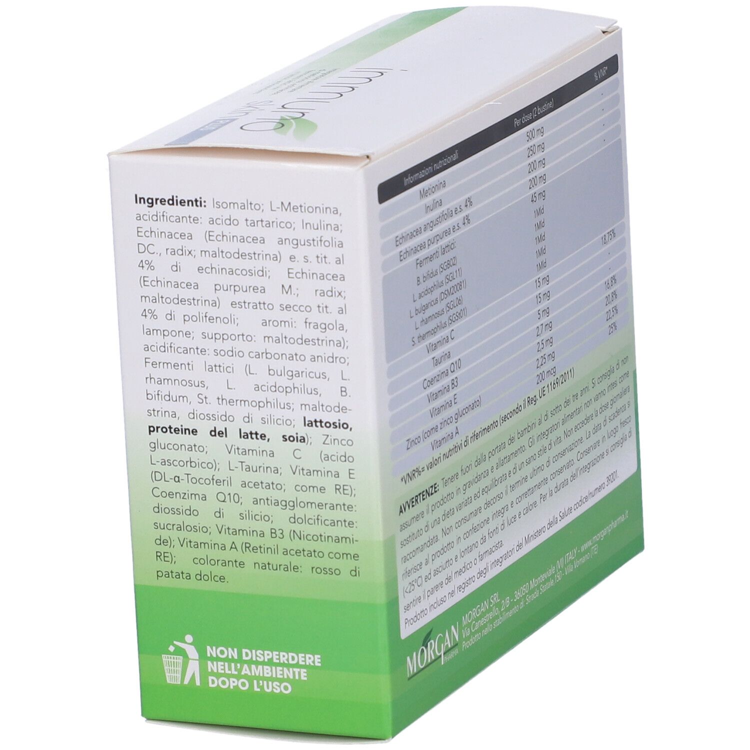 Scatola con striscia verde. Scritto: Immuno Skin Plus. Ingredienti e informazioni nutrizionali.