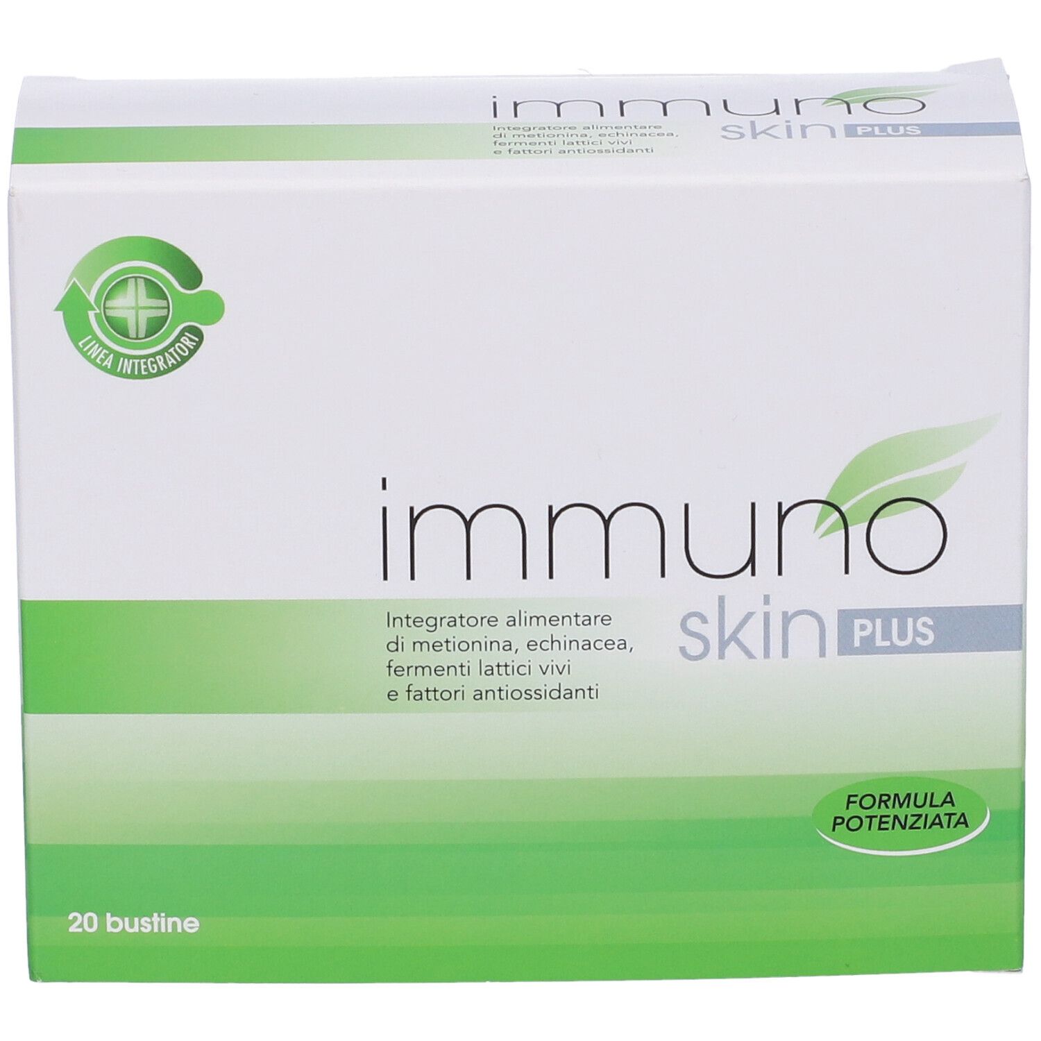 Scatola bianca e verde. Scritto: Immuno Skin Plus. 20 Bustine. Logo croce verde.