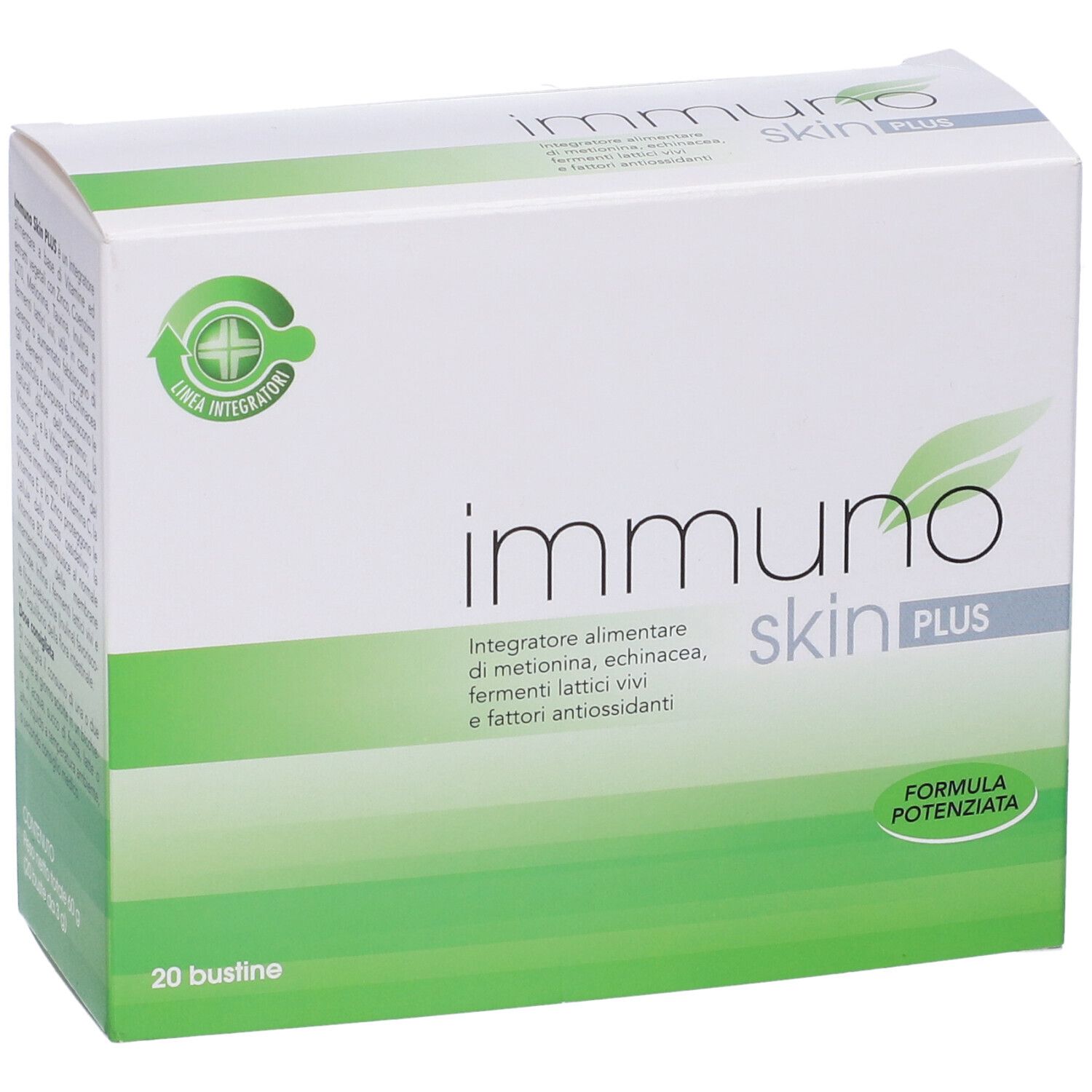 Scatola bianca e verde. Scritto: Immuno Skin Plus. 20 Bustine. Logo croce verde.