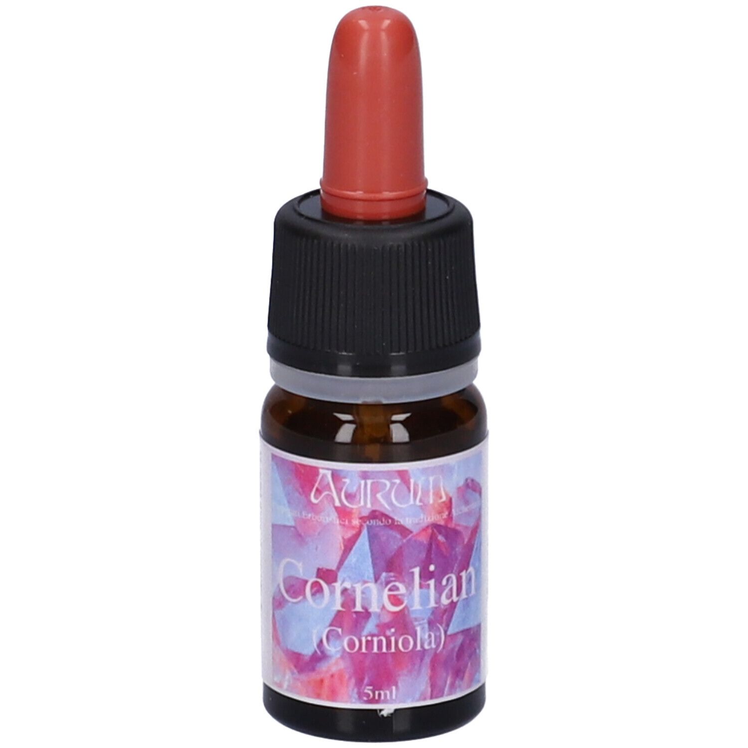 Flacone di vetro marrone con tappo nero e contagocce rosso. Etichetta con nome del prodotto e marchio.