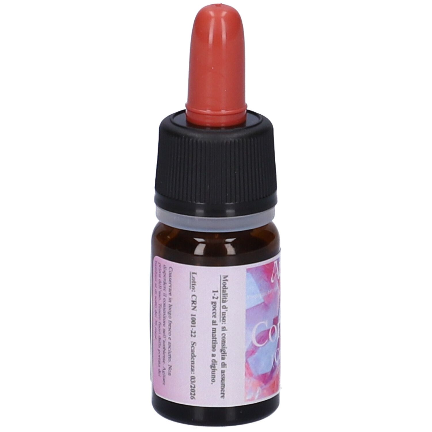 Flacone di vetro marrone con tappo nero e contagocce rosso. Etichetta con testo in italiano.