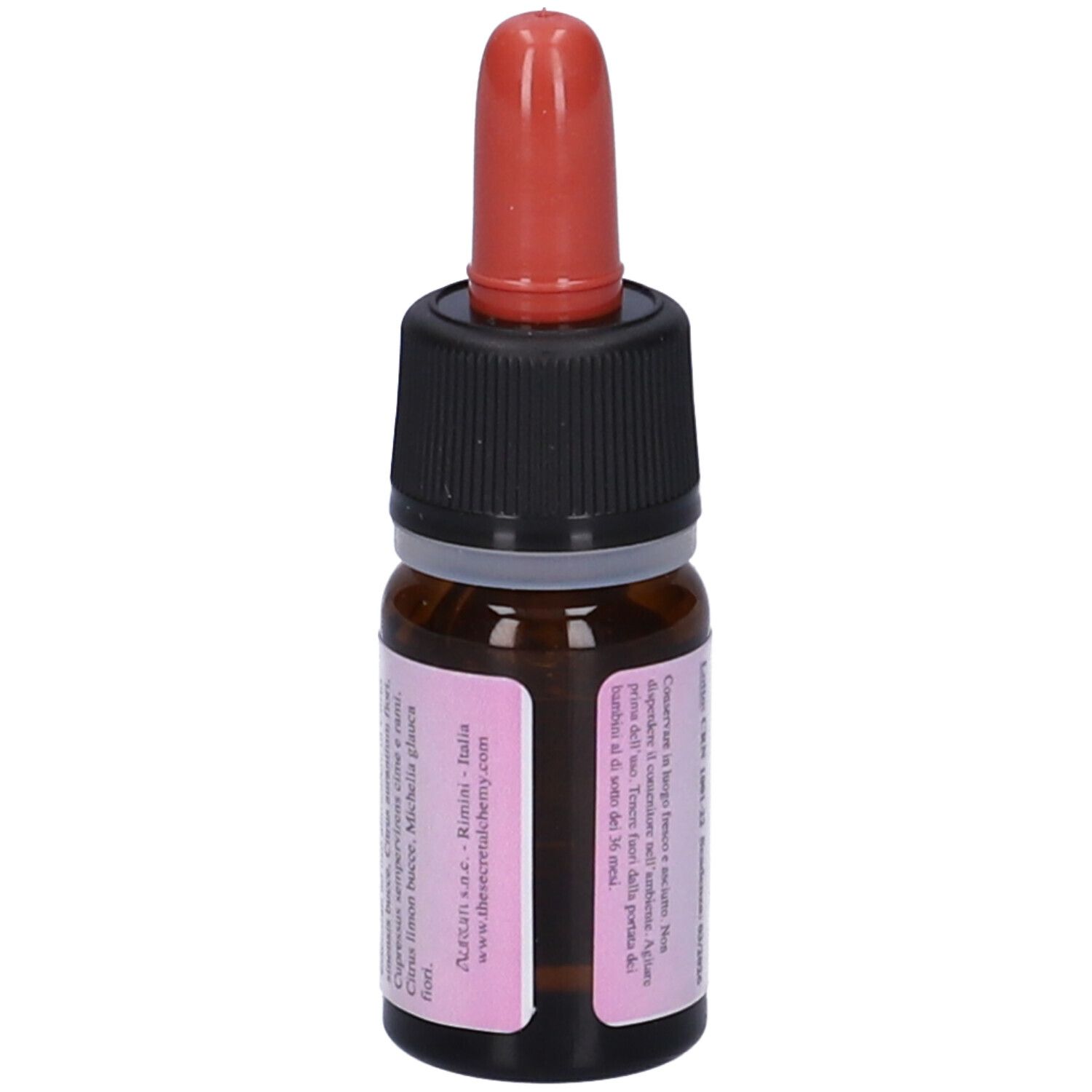 Flacone di vetro marrone con tappo nero e contagocce rosso. Etichetta con testo in italiano.