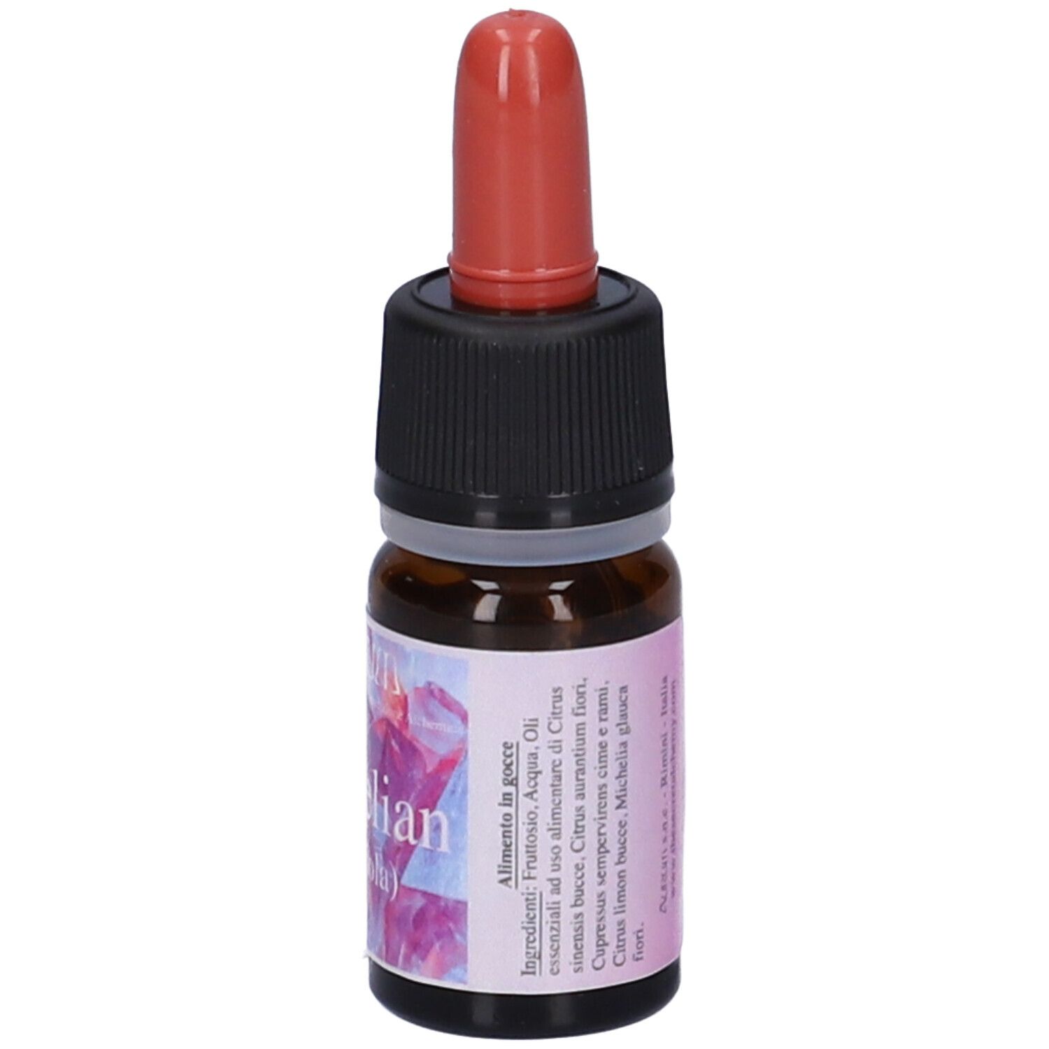 Flacone di vetro marrone con tappo nero e contagocce rosso. Etichetta con elenco ingredienti in italiano.