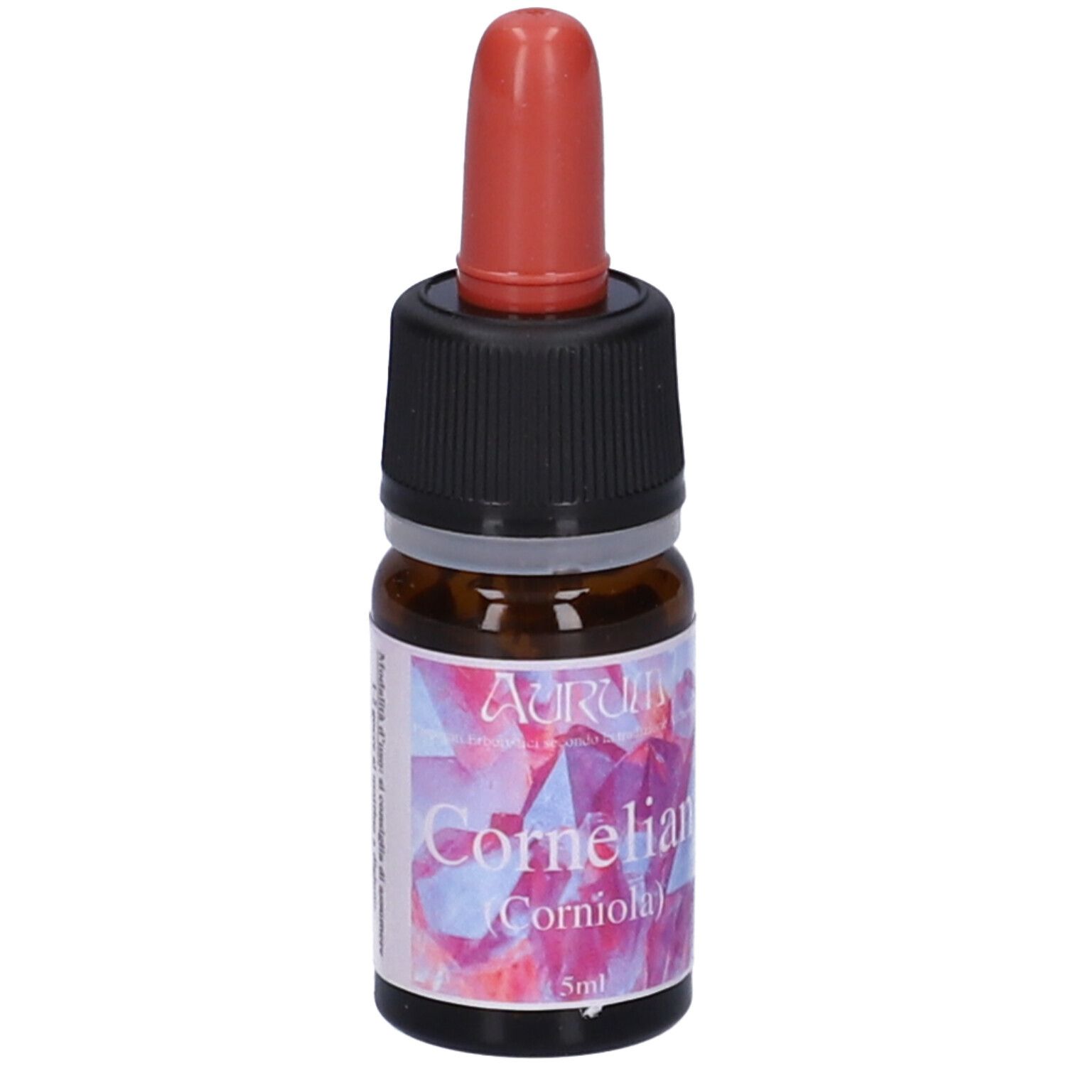 Flacone di vetro marrone con tappo nero e contagocce rosso. Etichetta con nome del prodotto e marchio.