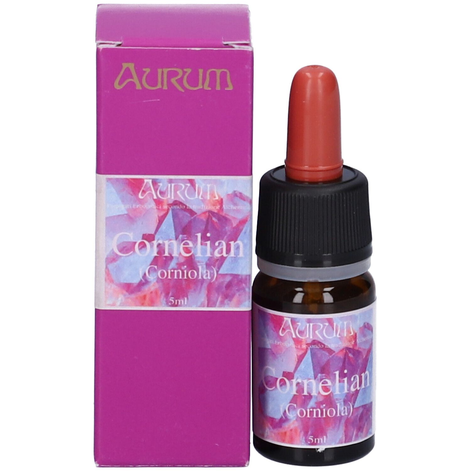 Flacone e confezione del prodotto. Flacone marrone con contagocce rosso e scatola rosa con nome.